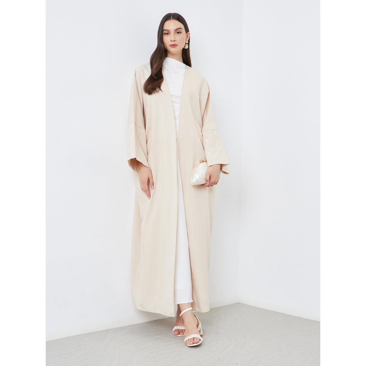 Take Two Cream Open Front Embroidered Sleeve Abaya-women-arabicclothing-abayas-image-2