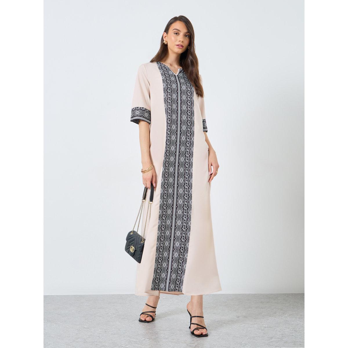 Take Two Contrast Print Maxi Jalabiya with 3/4 Sleeve-women-arabicclothing-jalabiyas-image-1