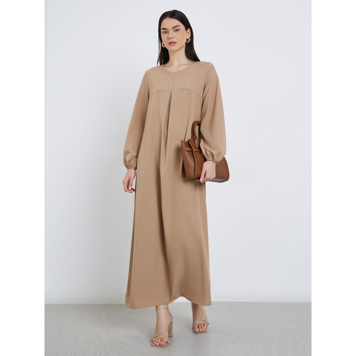 فستان طويل سادة بأكمام بالون-women-clothing-dresses-image-3