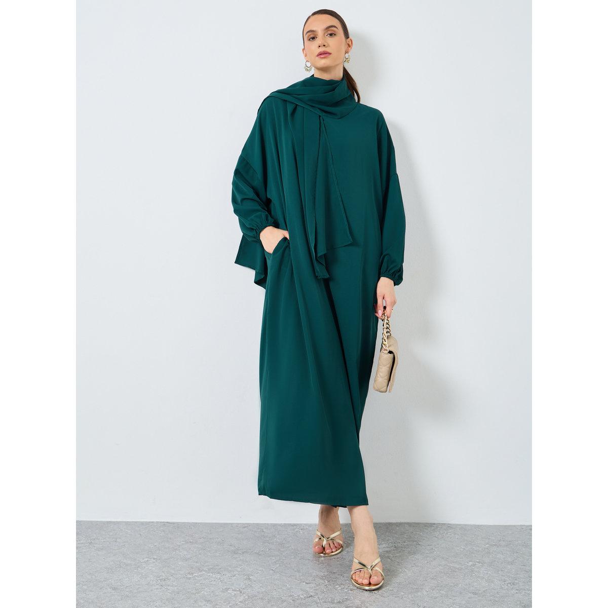 عباية بأكمام طويلة وغطاء رأس مع جيوب-women-arabicclothing-abayas-image-1