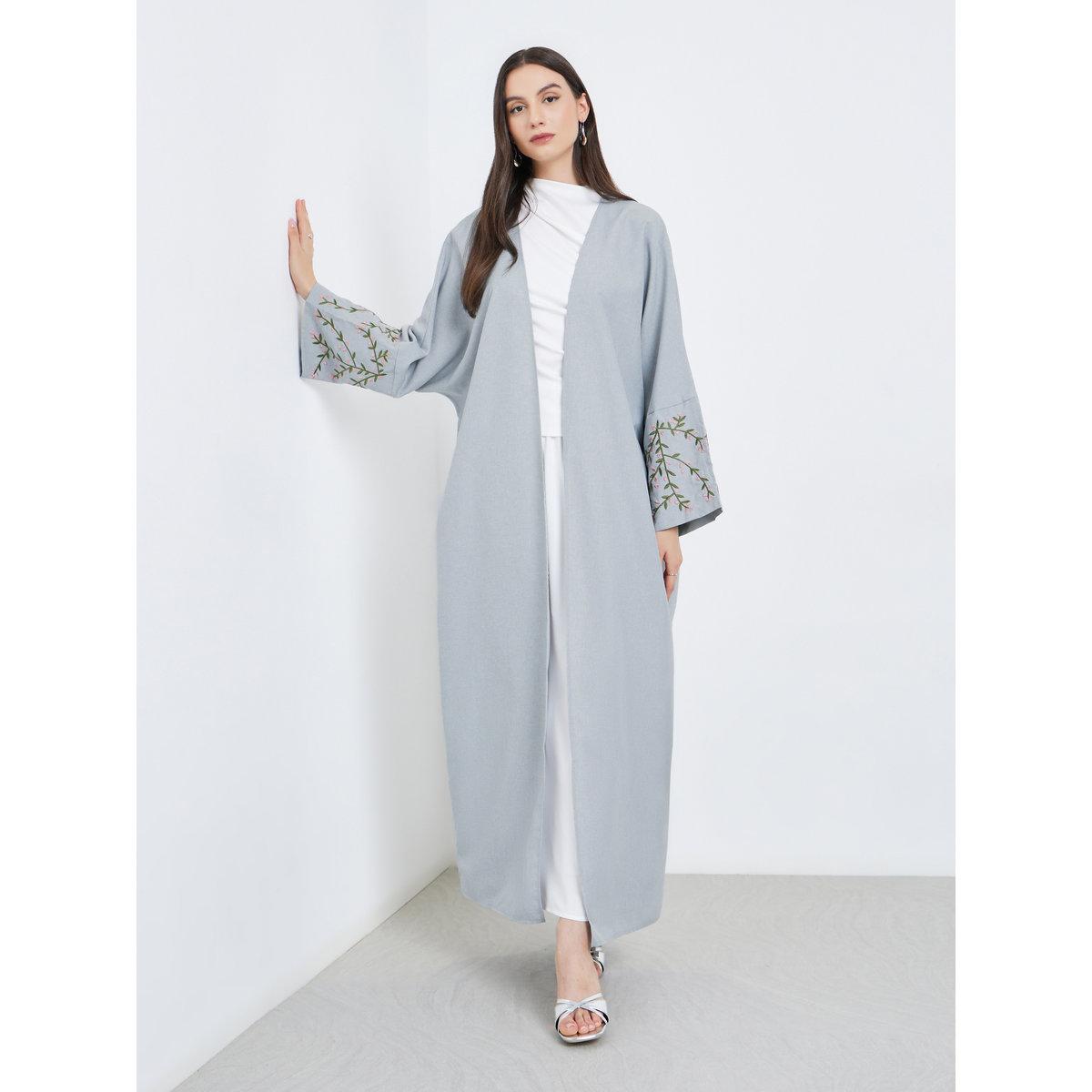 Take Two Grey Open Front Embroidered Sleeve Abaya-women-arabicclothing-abayas-image-1