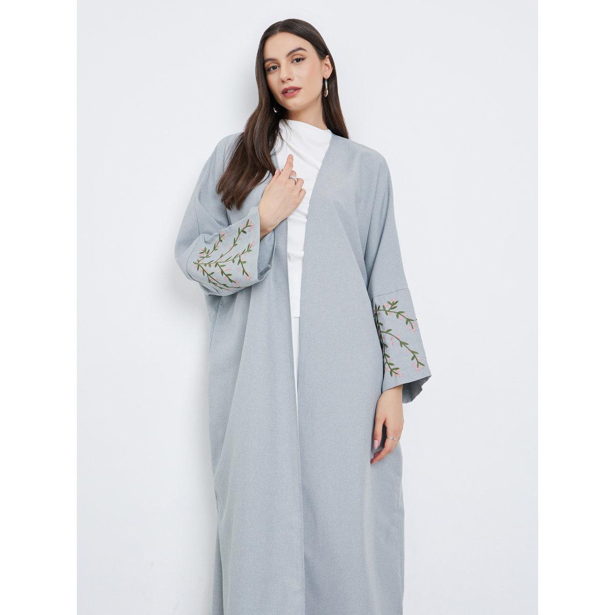 Take Two Grey Open Front Embroidered Sleeve Abaya-women-arabicclothing-abayas-image-2