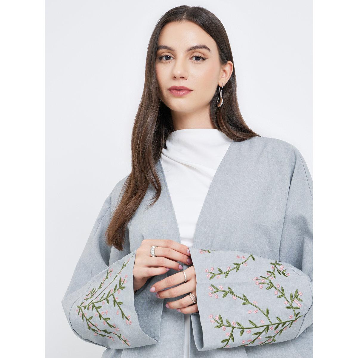 Take Two Grey Open Front Embroidered Sleeve Abaya-women-arabicclothing-abayas-image-3
