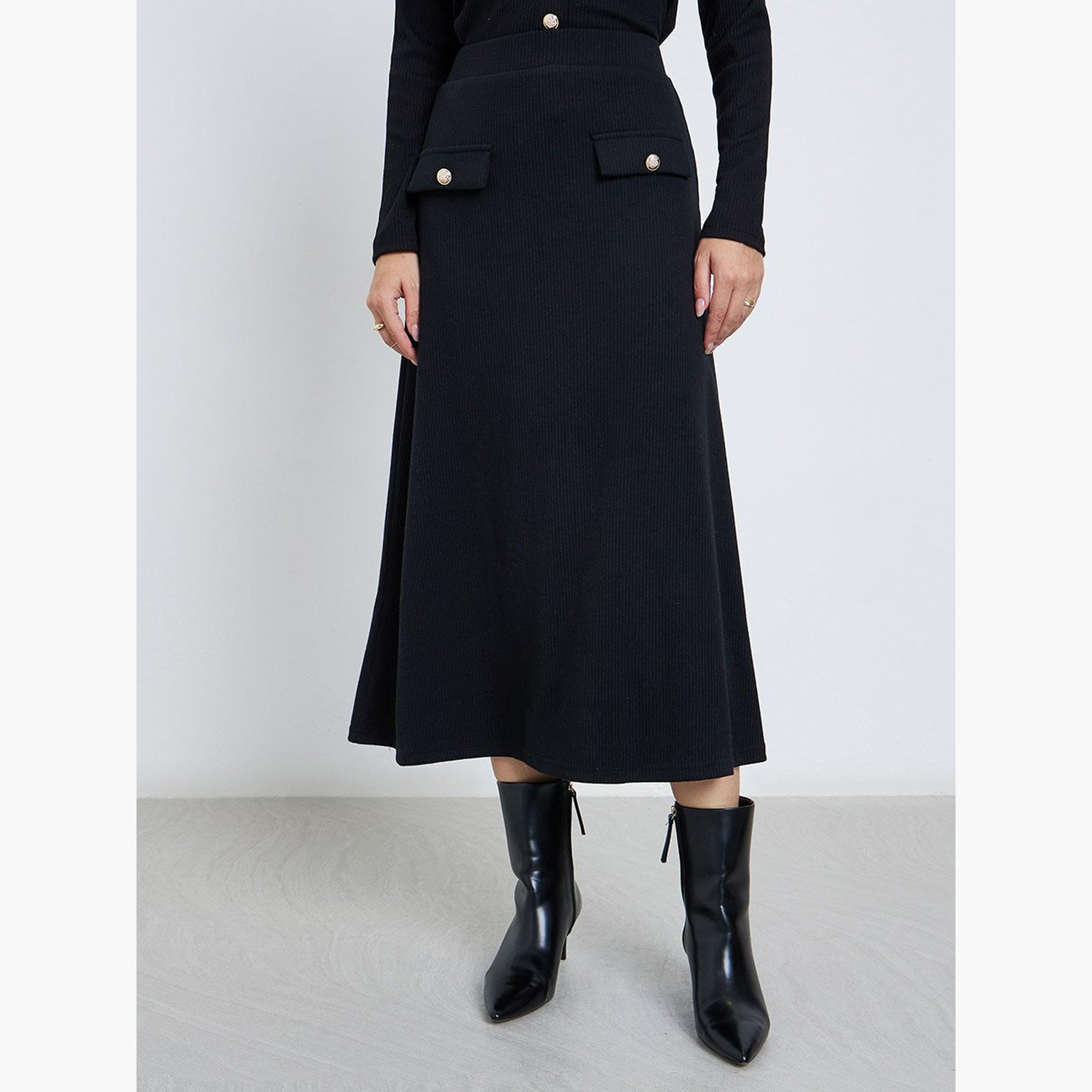 Styli Black Ribbed A-Line Midi Skirt-women-clothing-bottoms-skirts-image-1