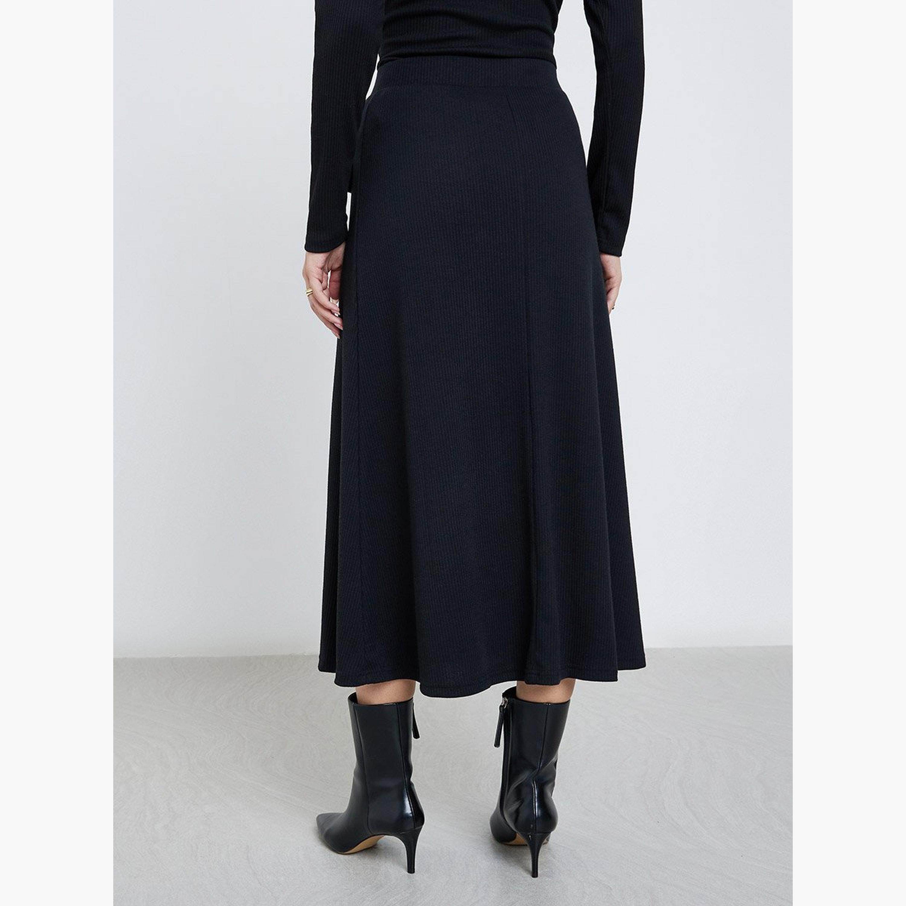 Styli Black Ribbed A-Line Midi Skirt-women-clothing-bottoms-skirts-image-4