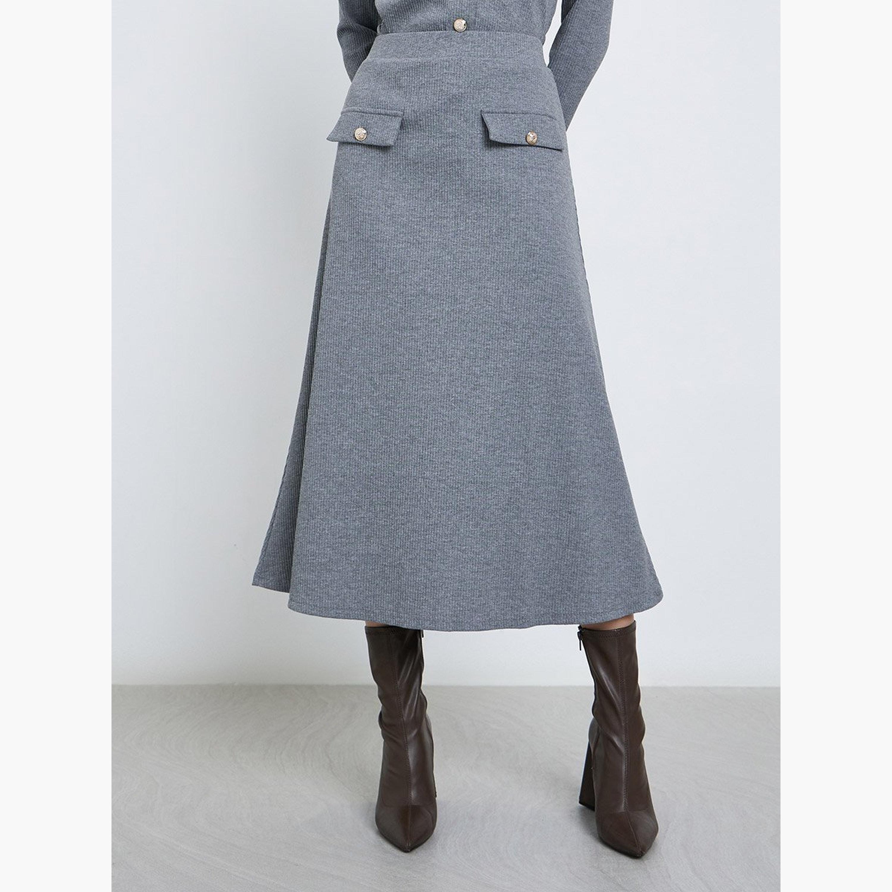 Styli Grey Ribbed A-Line Midi Skirt-women-clothing-bottoms-skirts-image-1