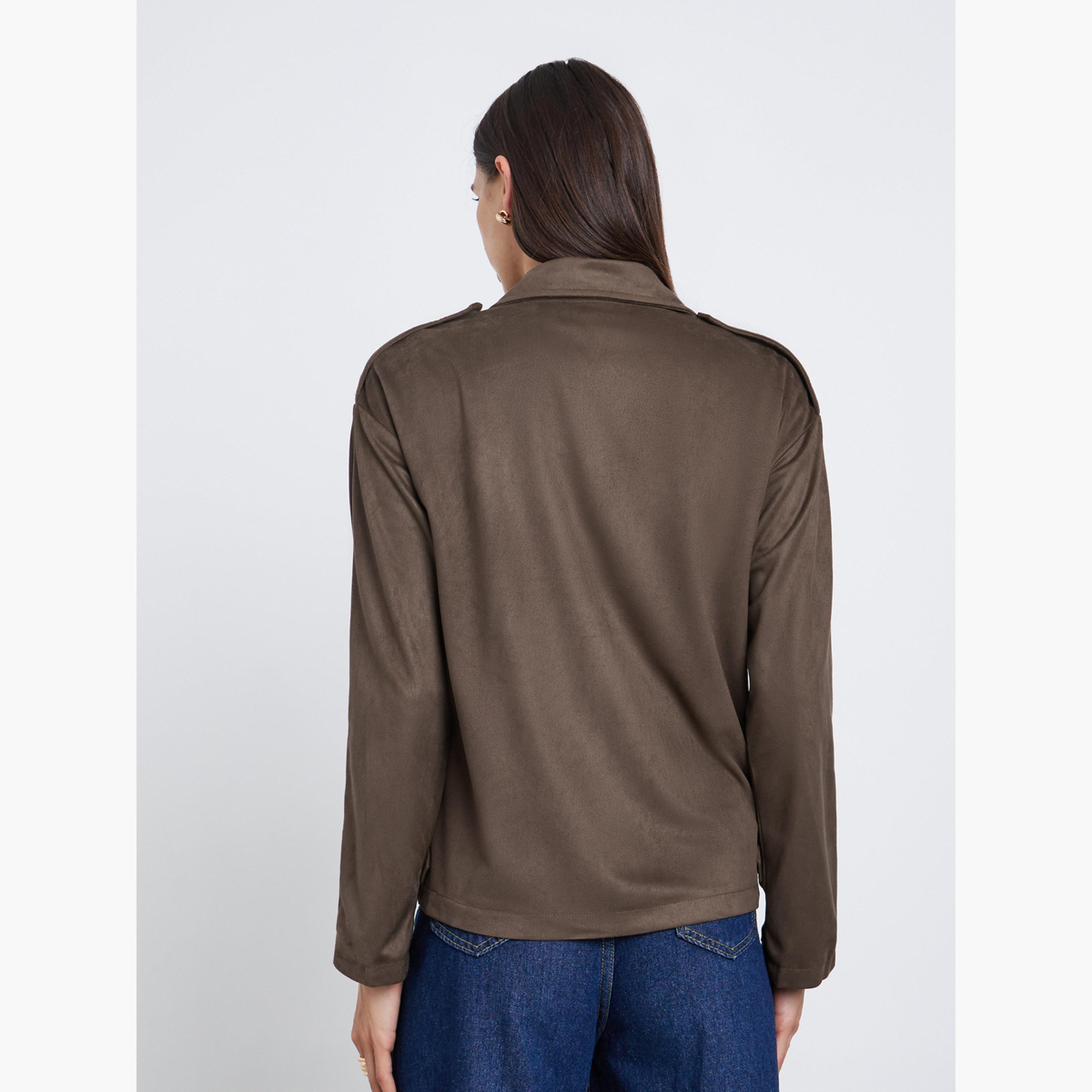تيك تو - جاكيت بأزرار أمامية بمظهر جلد سويدي بني-women-winterwear-coatsandjackets-jackets-image-5