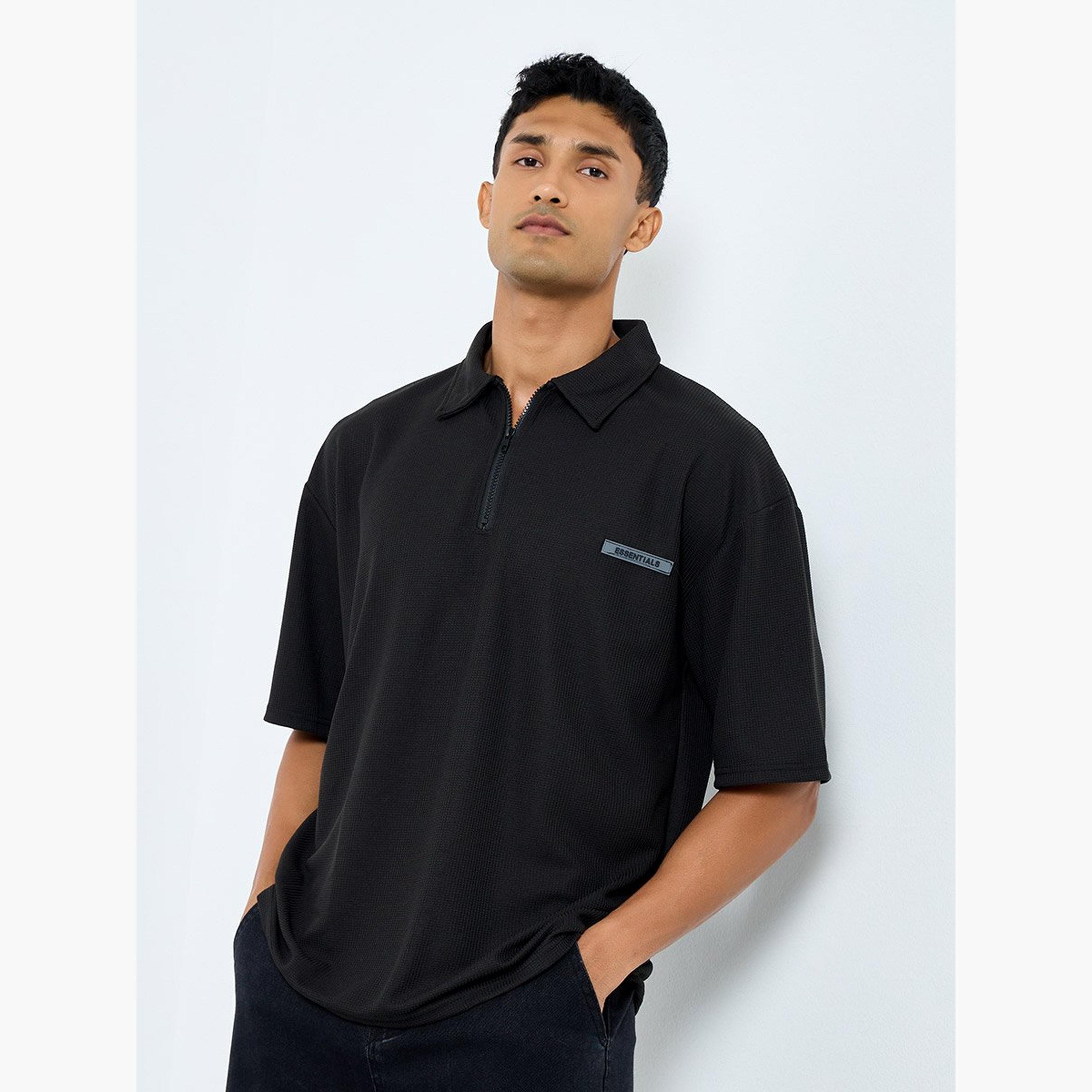 Styli Men Solid Black Oversized Polo with Quarter Zip-men-clothing-tshirtsandpolos-polos-image-1