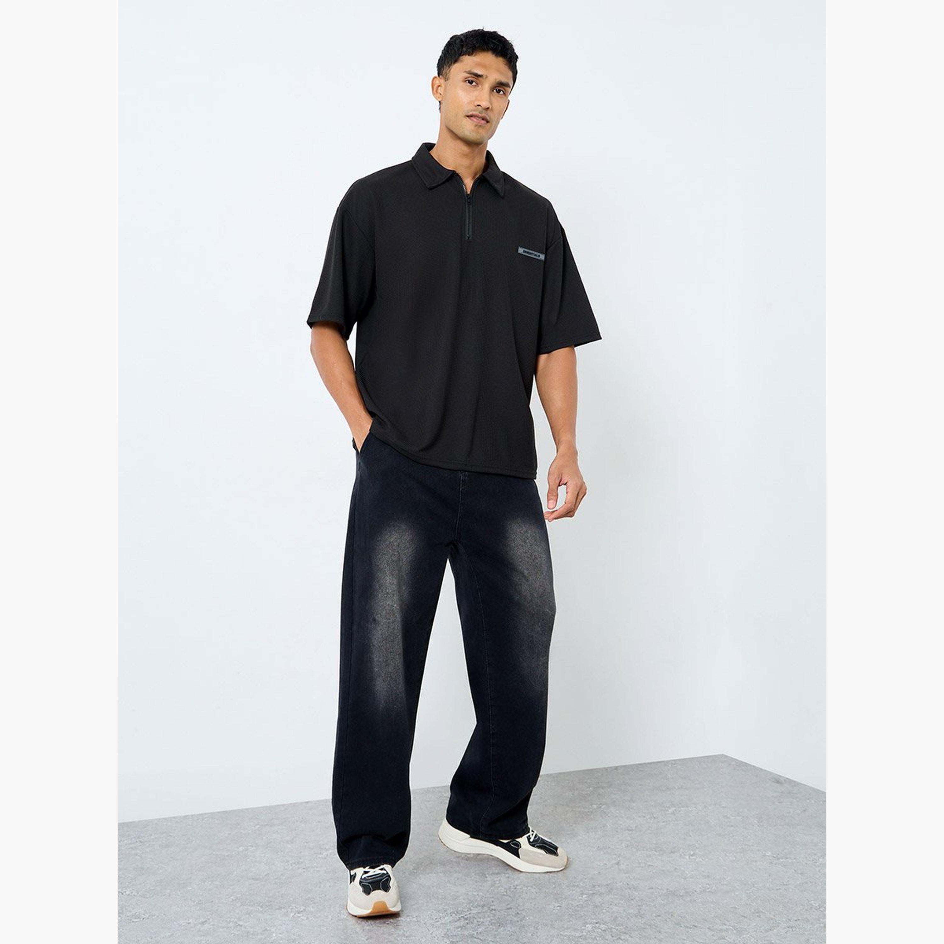 Styli Men Solid Black Oversized Polo with Quarter Zip-men-clothing-tshirtsandpolos-polos-image-2