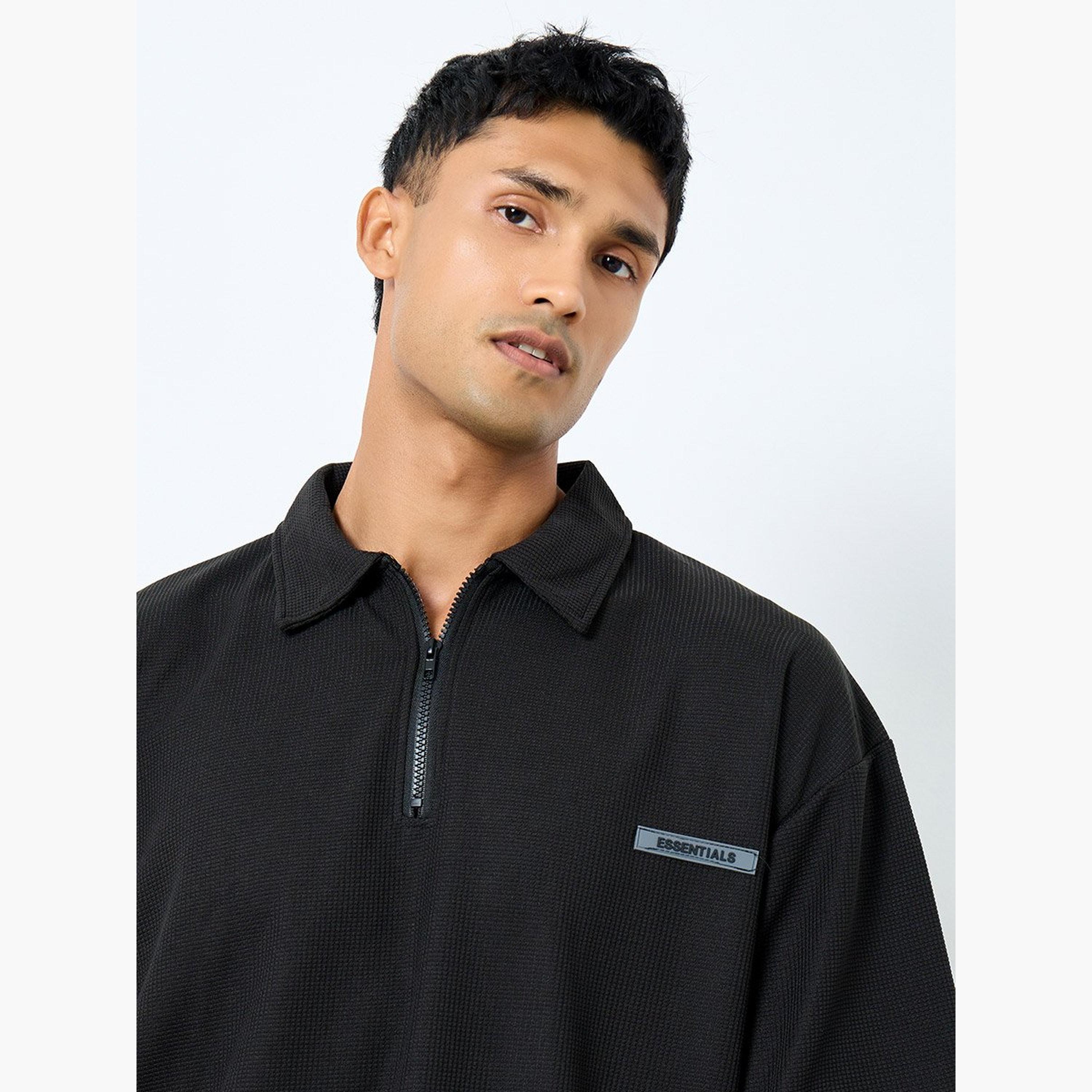 Styli Men Solid Black Oversized Polo with Quarter Zip-men-clothing-tshirtsandpolos-polos-image-3