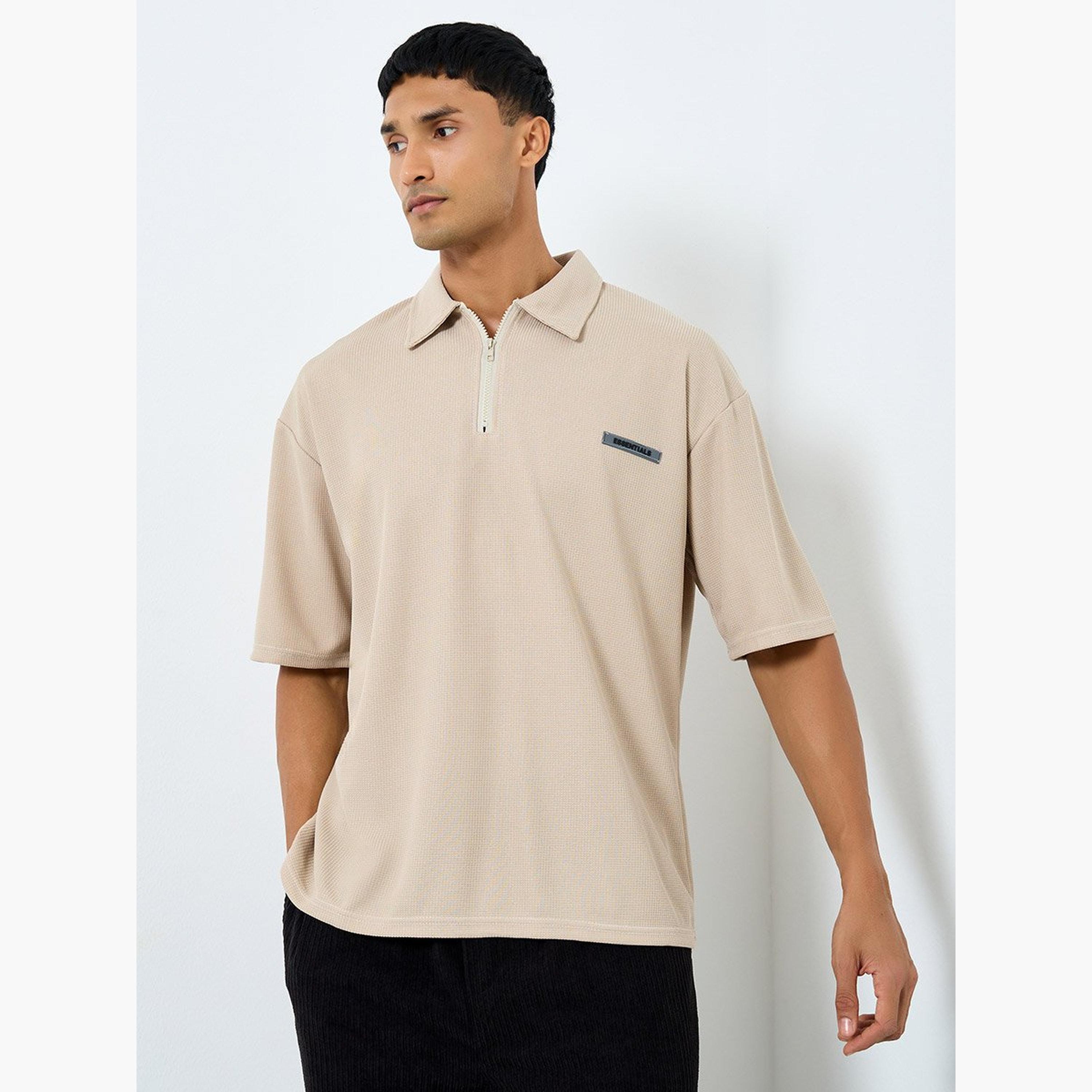 Styli Men Solid Beige Oversized Polo with Quarter Zip-men-clothing-tshirtsandpolos-polos-image-1