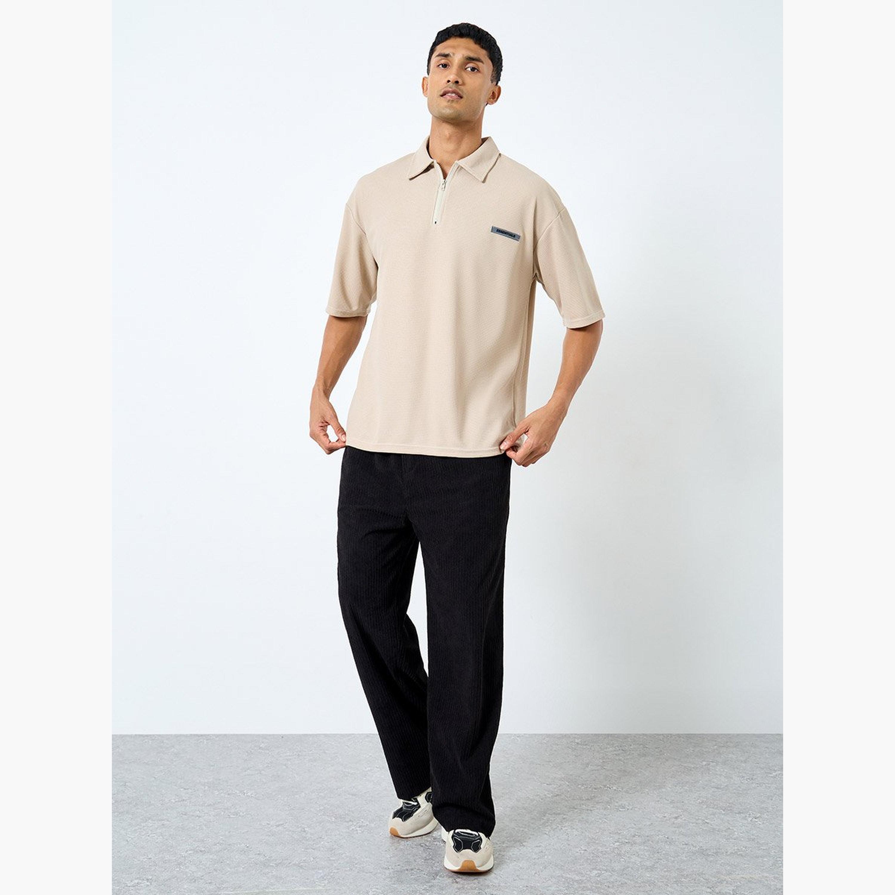 Styli Men Solid Beige Oversized Polo with Quarter Zip-men-clothing-tshirtsandpolos-polos-image-2