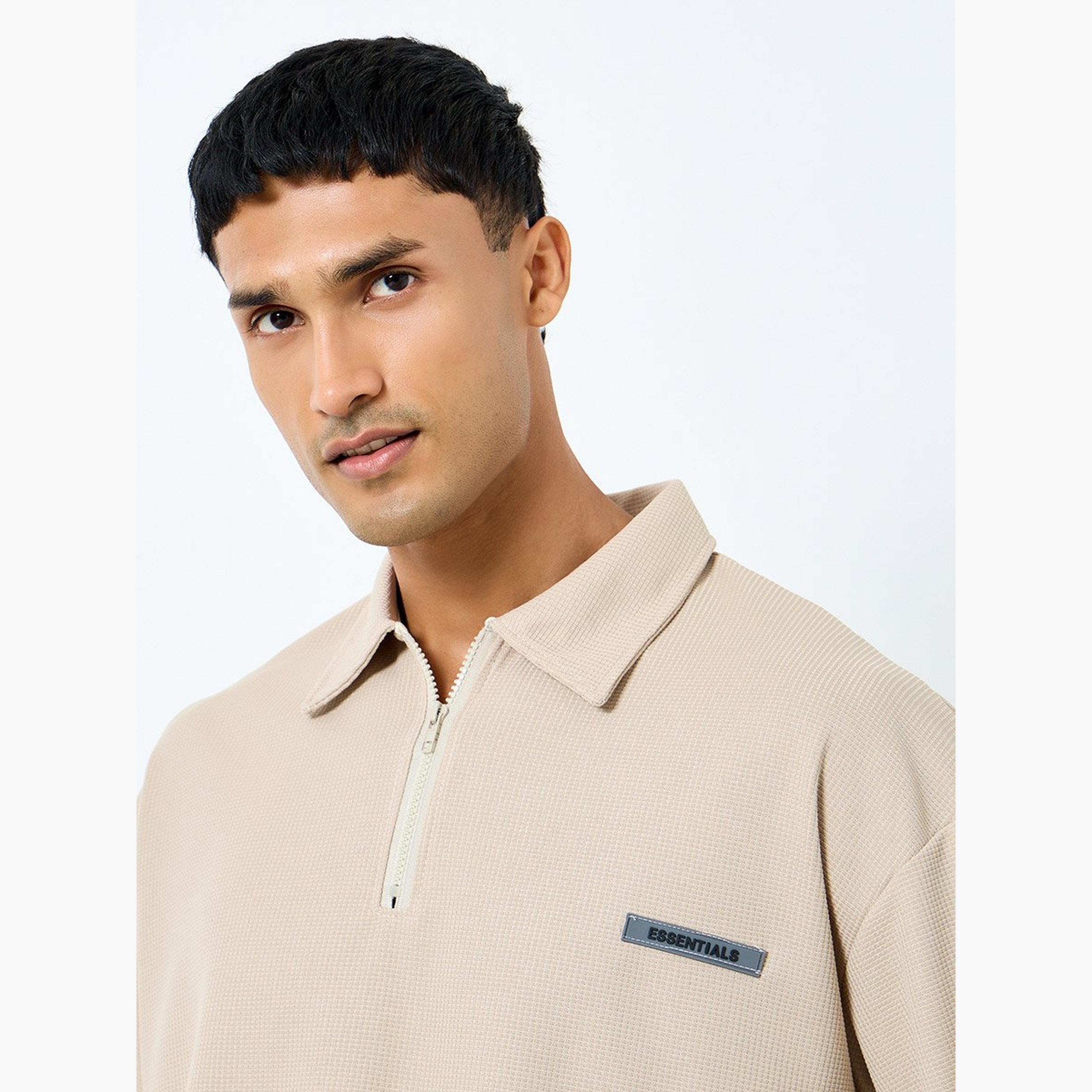 Styli Men Solid Beige Oversized Polo with Quarter Zip-men-clothing-tshirtsandpolos-polos-image-3