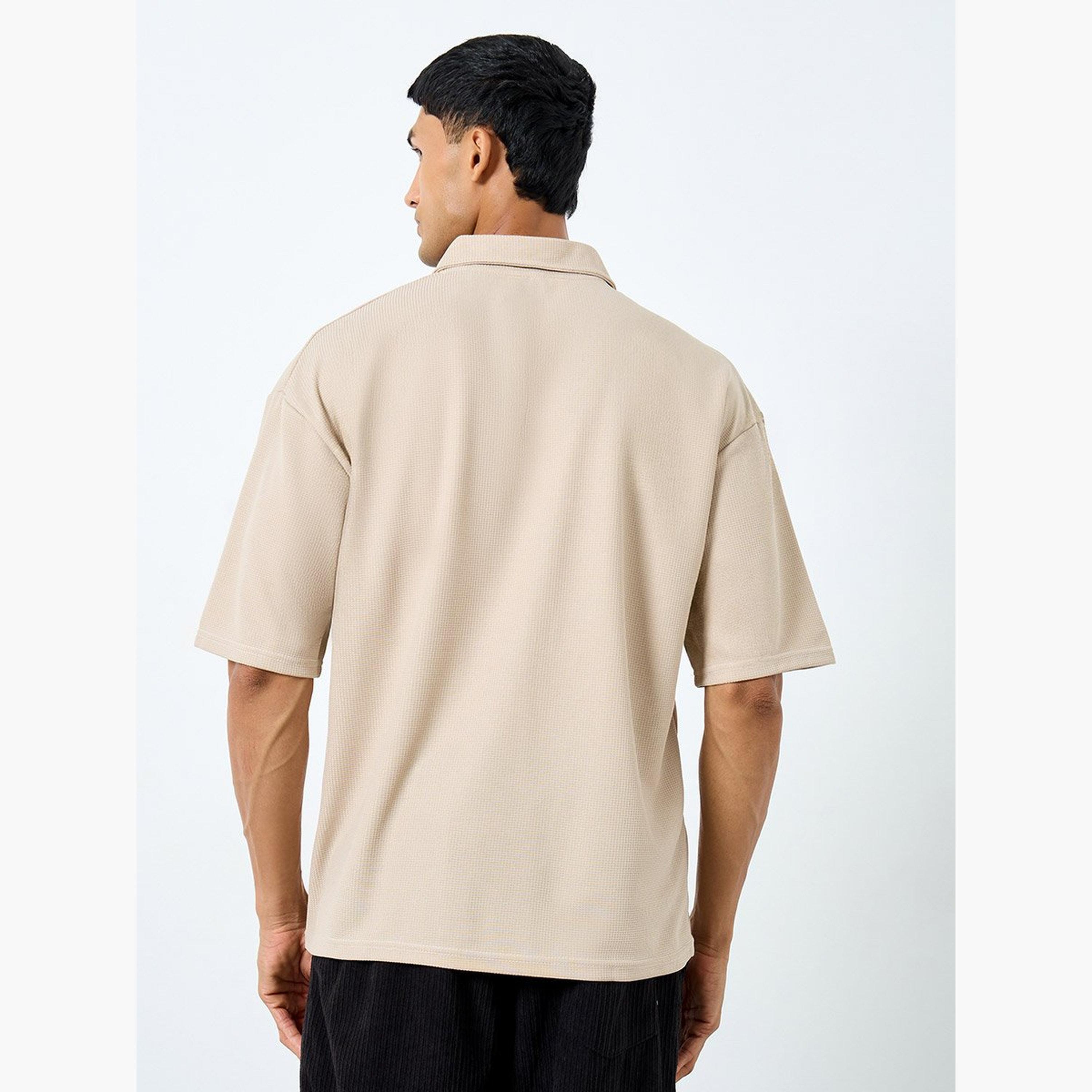 Styli Men Solid Beige Oversized Polo with Quarter Zip-men-clothing-tshirtsandpolos-polos-image-4