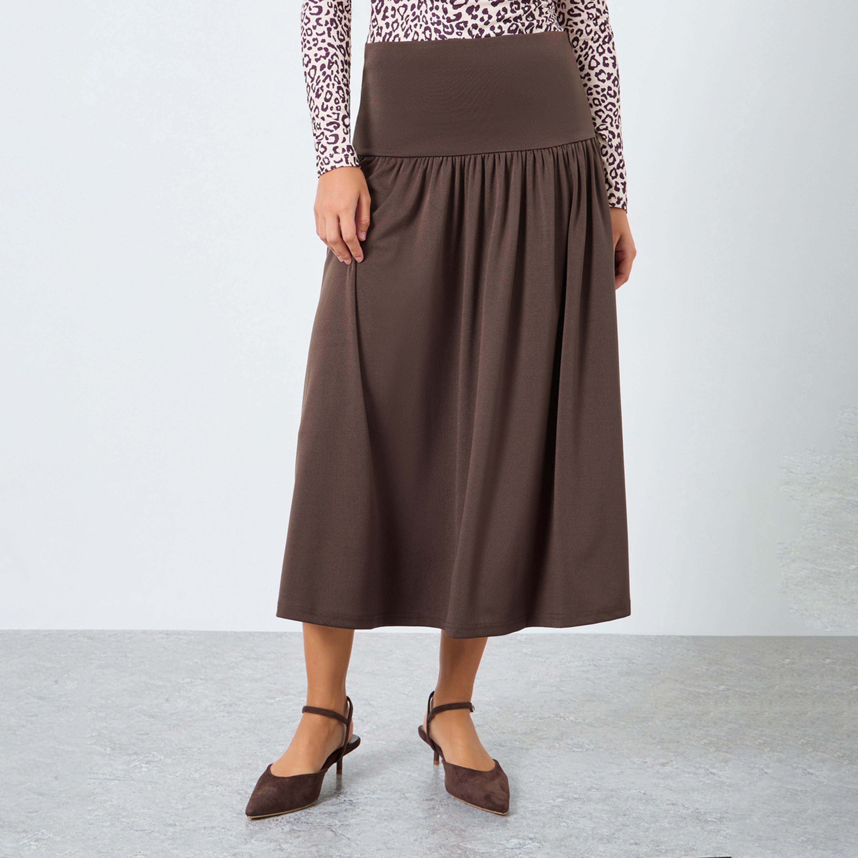 Styli Brown Drop Waist A-Line Midi Skirt-women-clothing-bottoms-skirts-image-1