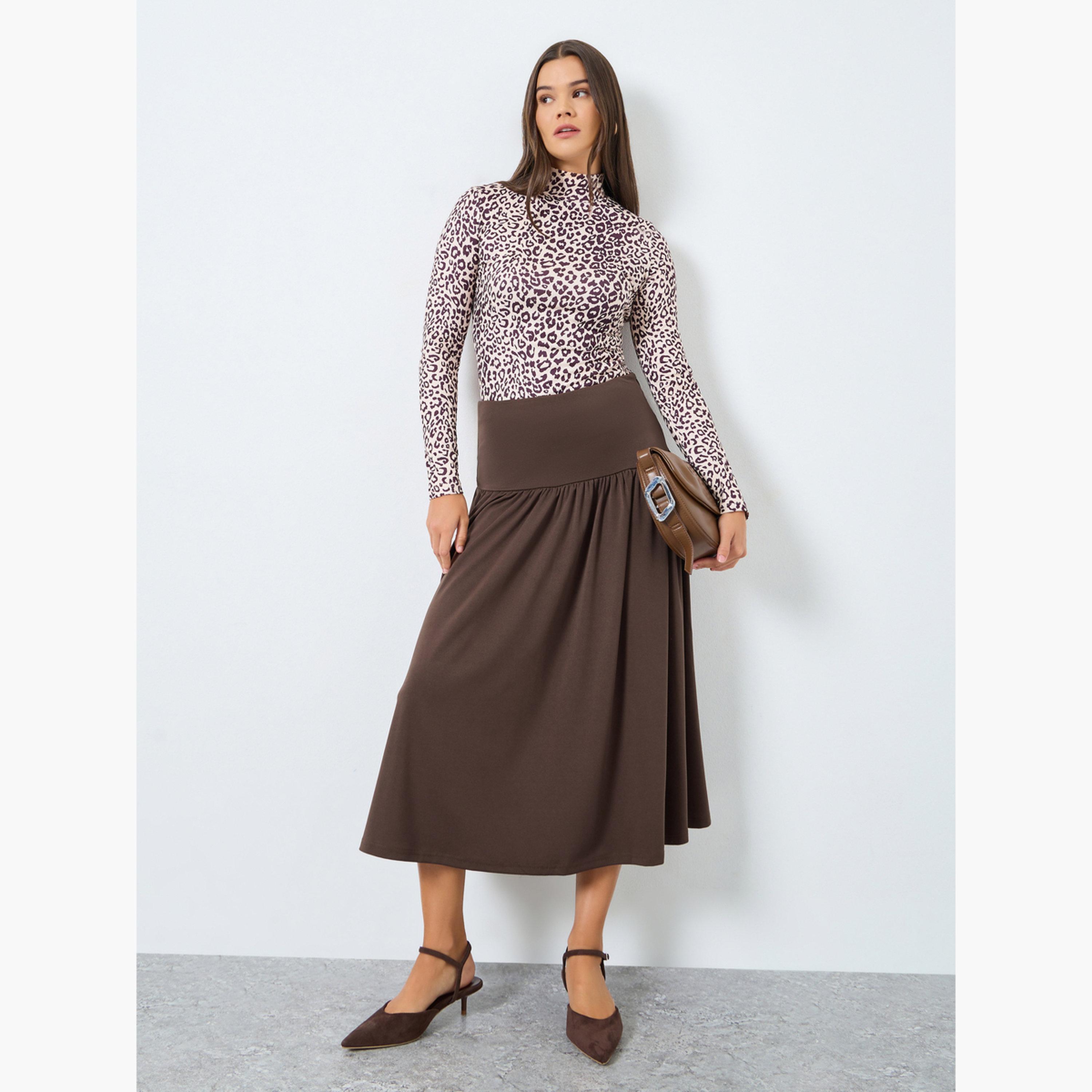 Styli Brown Drop Waist A-Line Midi Skirt-women-clothing-bottoms-skirts-image-2