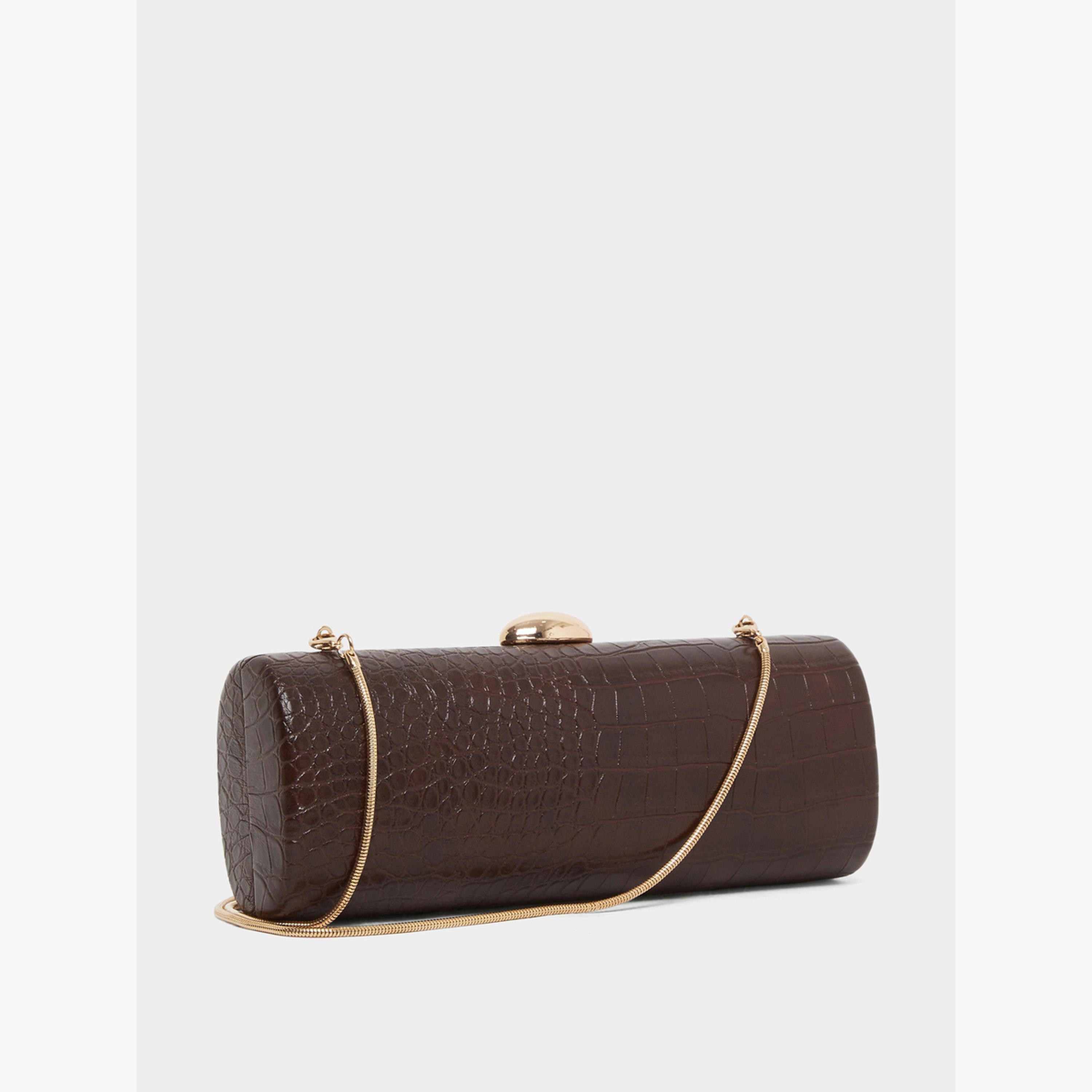 Styli Brown Croc-Effect Structured Clutch with Chain Strap-women-bagsandwallets-handbags-image-1