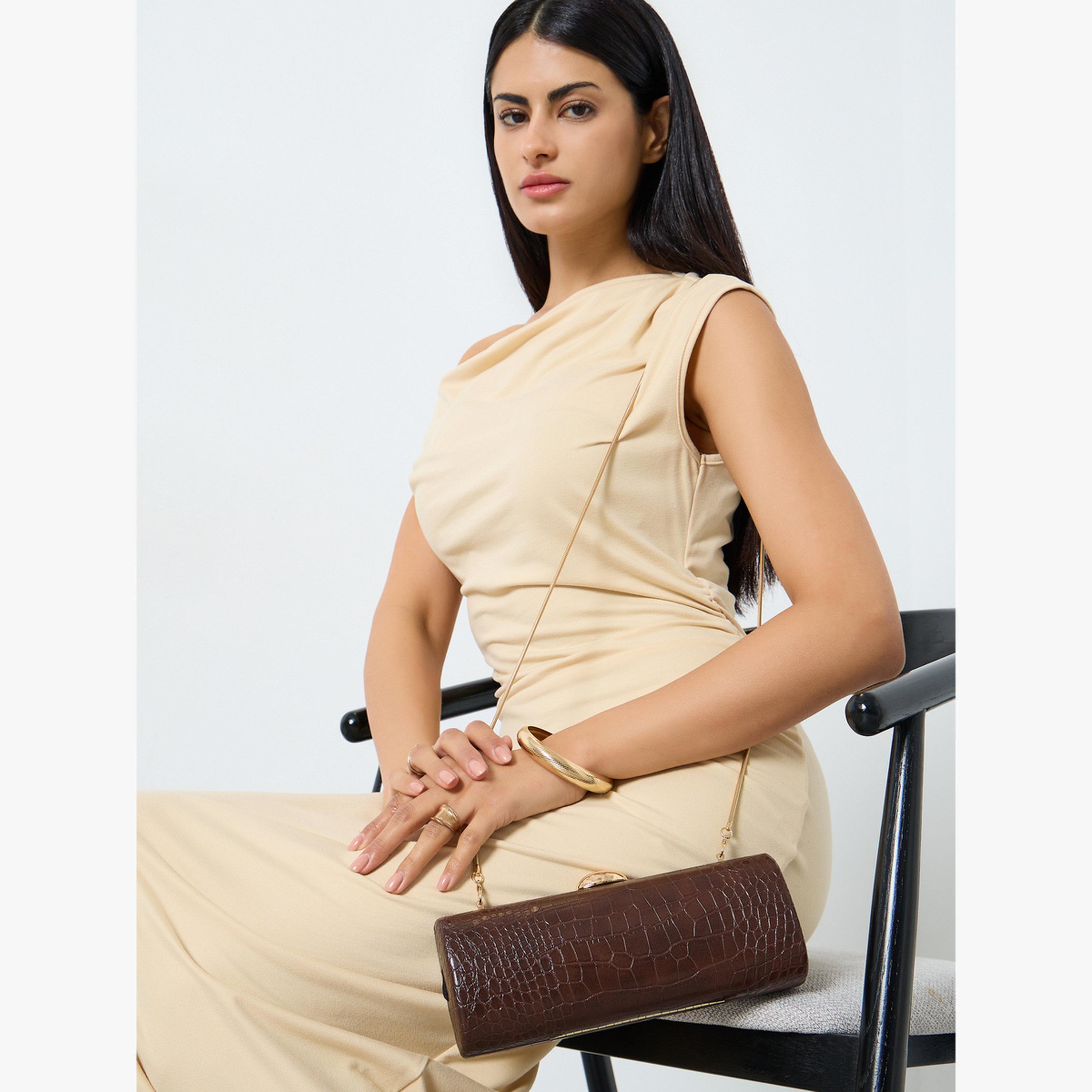 Styli Brown Croc-Effect Structured Clutch with Chain Strap-women-bagsandwallets-handbags-image-2
