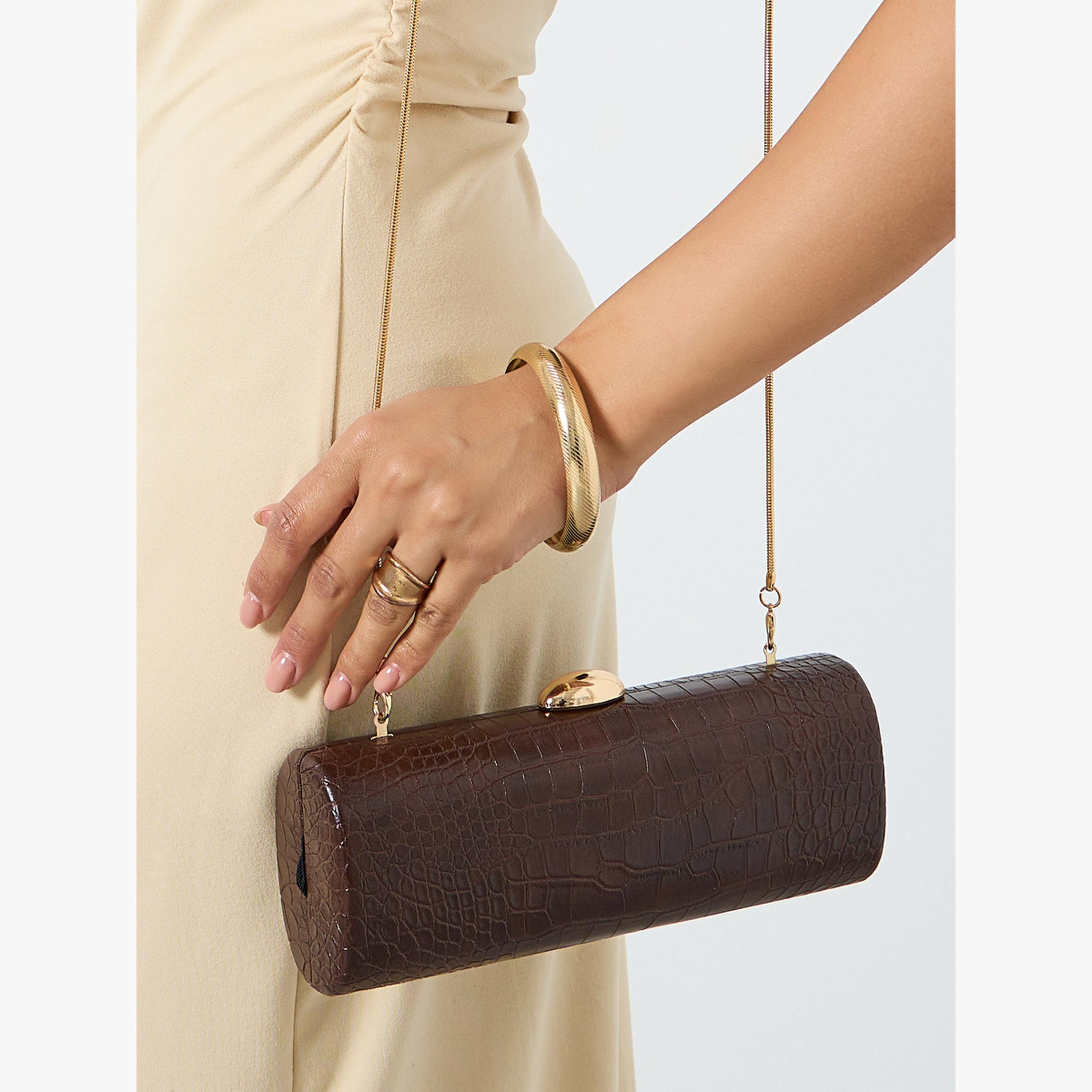 Styli Brown Croc-Effect Structured Clutch with Chain Strap-women-bagsandwallets-handbags-image-3