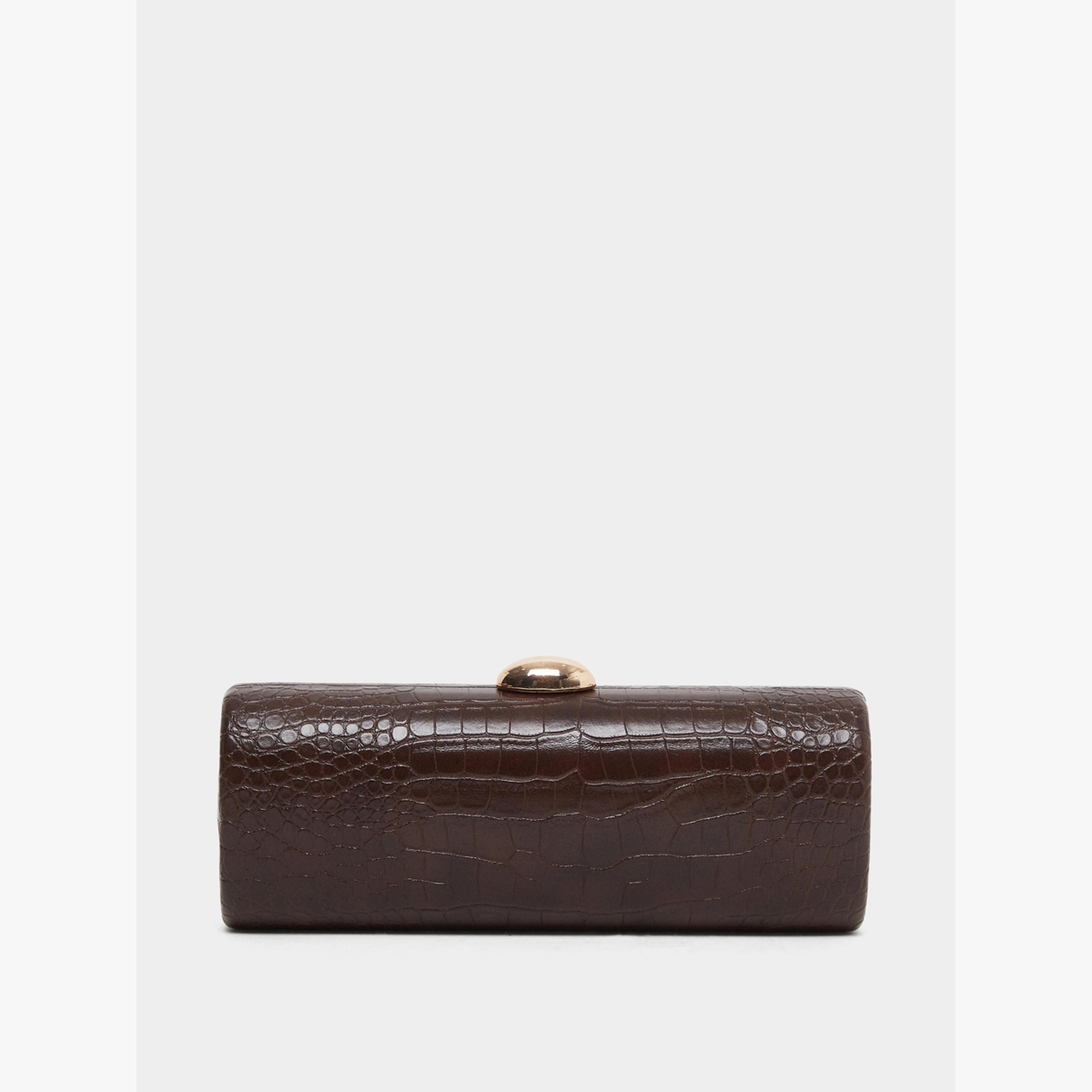 Styli Brown Croc-Effect Structured Clutch with Chain Strap-women-bagsandwallets-handbags-image-4