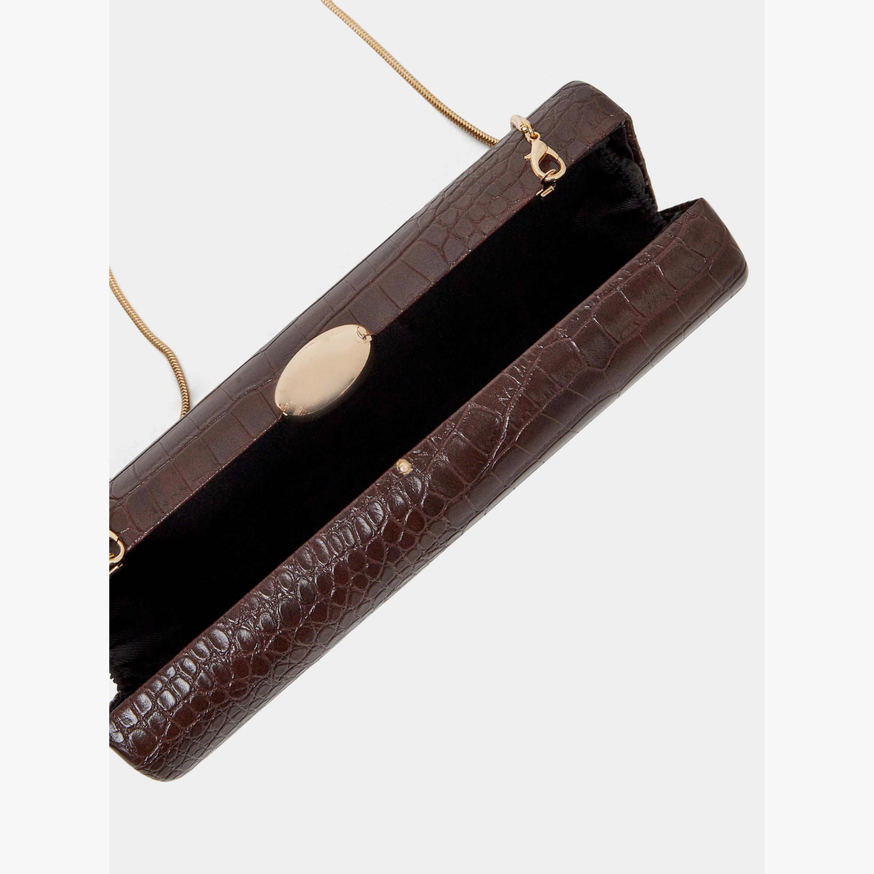 Styli Brown Croc-Effect Structured Clutch with Chain Strap-women-bagsandwallets-handbags-image-5