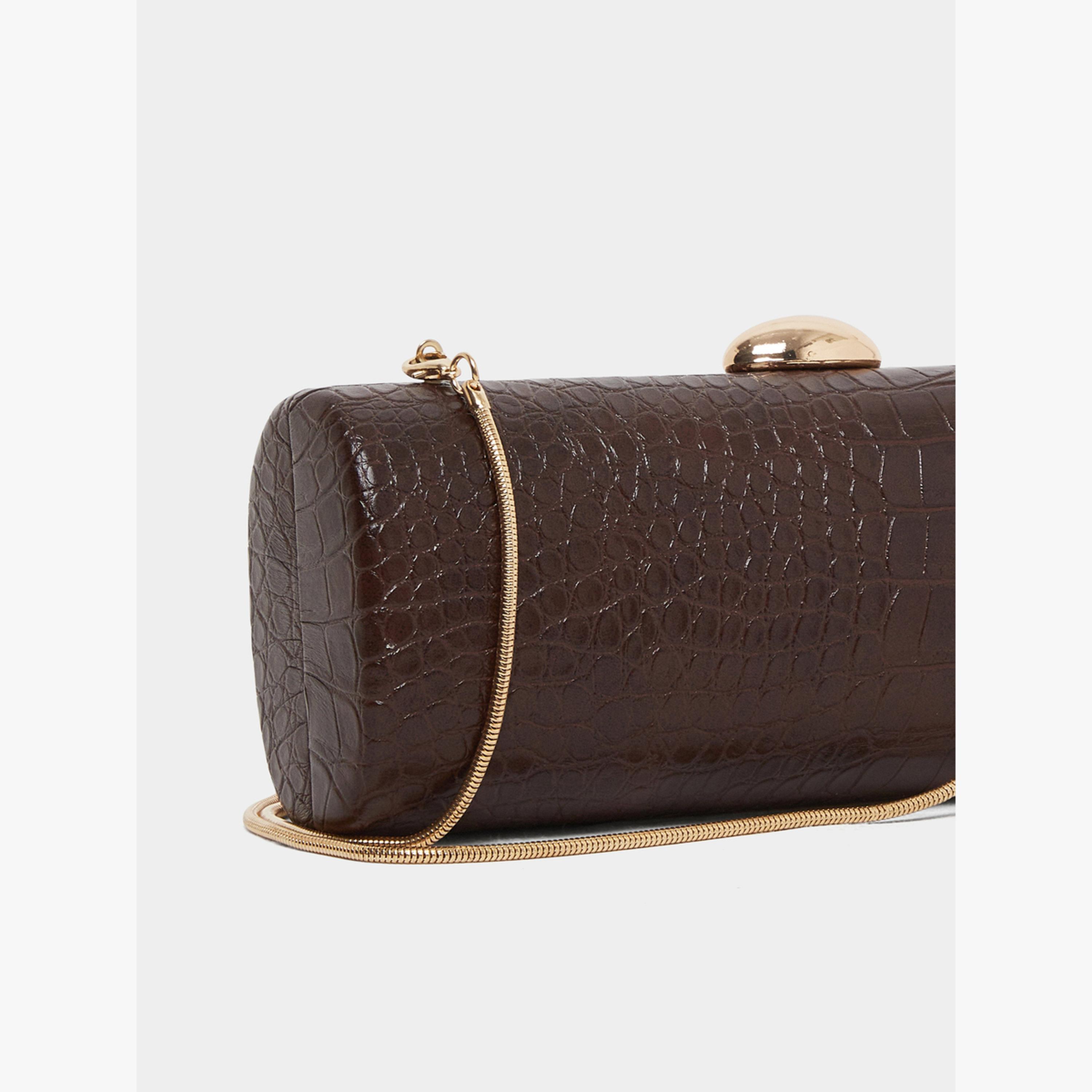 Styli Brown Croc-Effect Structured Clutch with Chain Strap-women-bagsandwallets-handbags-image-6