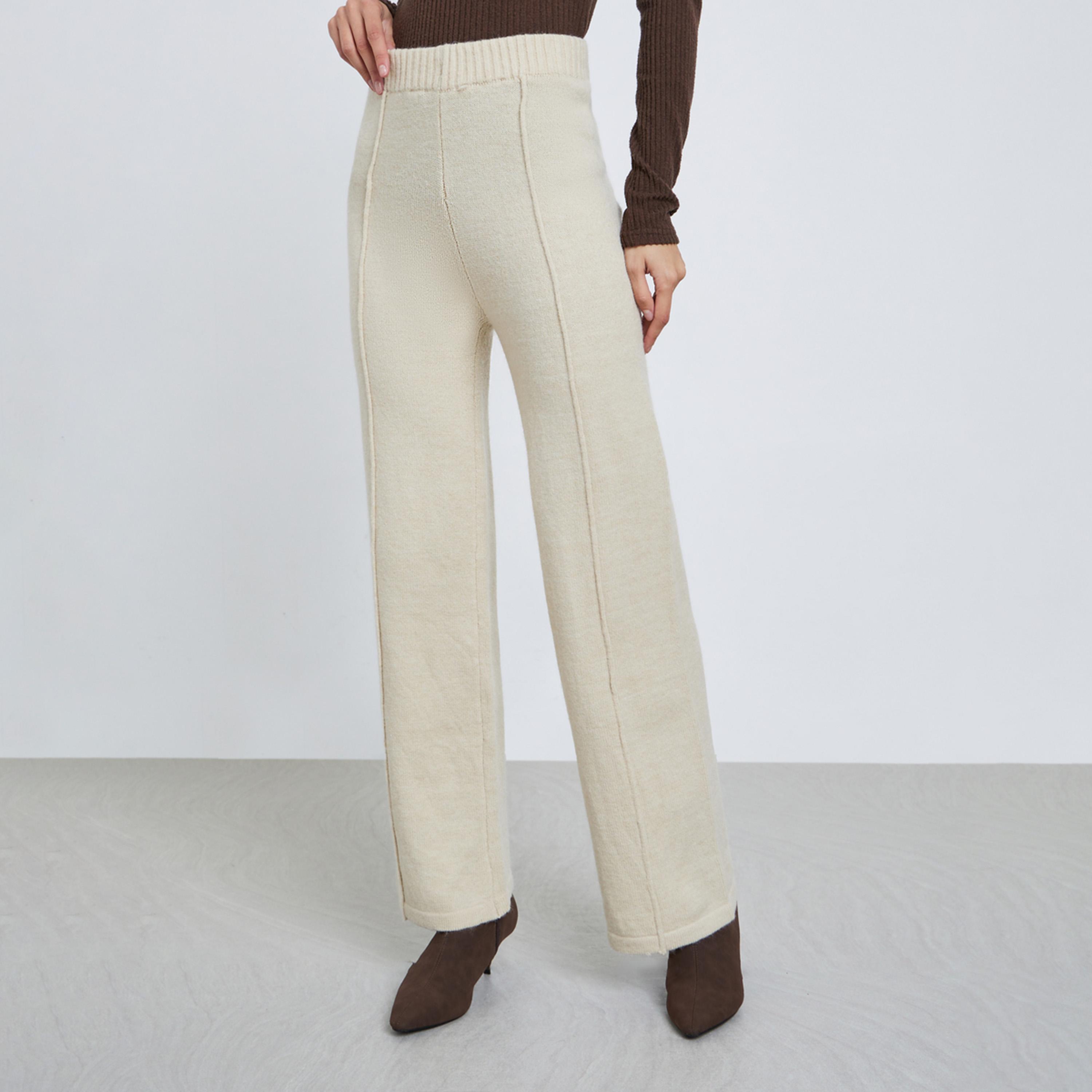 ستايلي - بنطال واسع الساق من قماش محبوك لون أبيض العاجي-women-clothing-bottoms-trousers-image-1