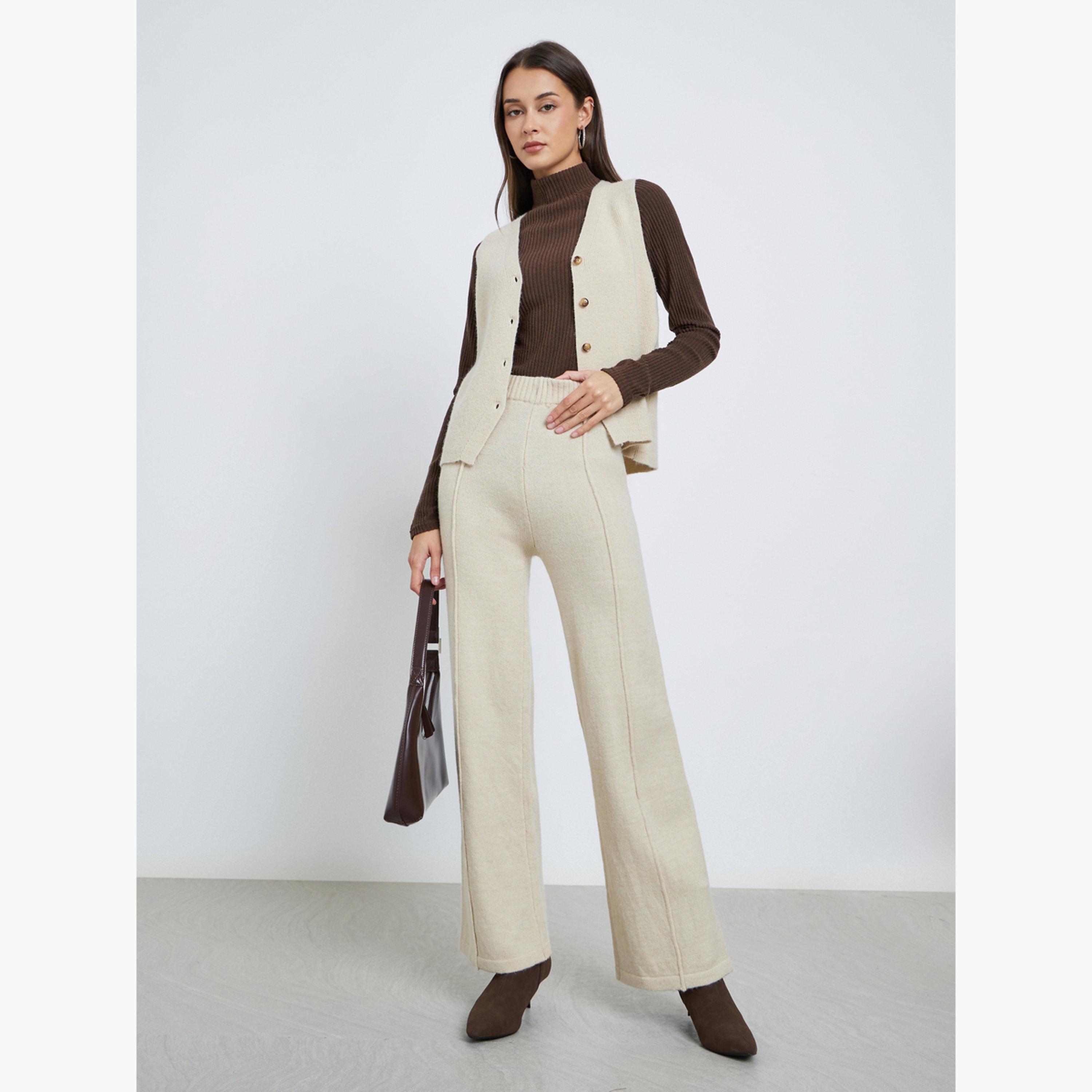 ستايلي - بنطال واسع الساق من قماش محبوك لون أبيض العاجي-women-clothing-bottoms-trousers-image-2