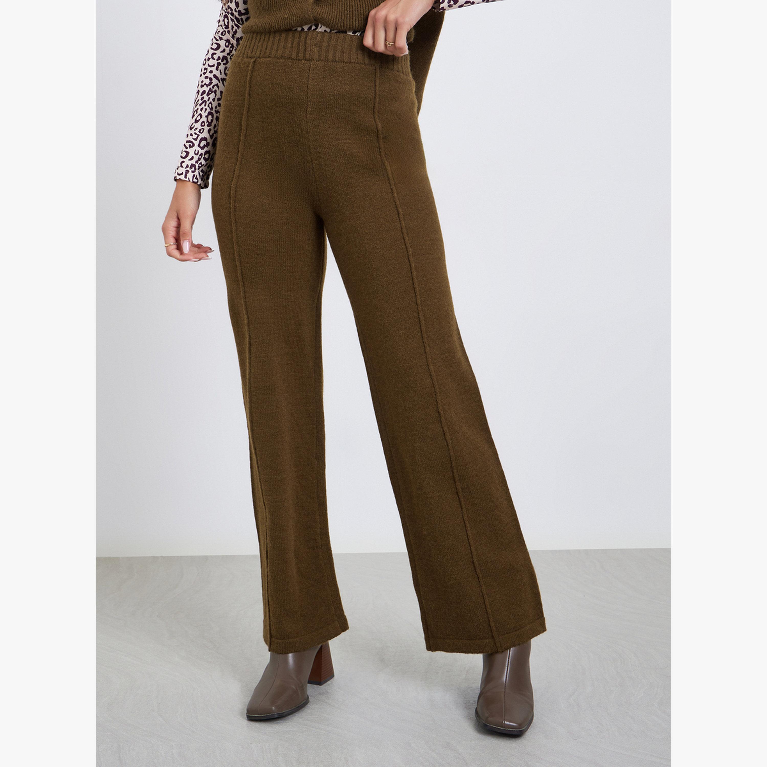 Styli Women Olive Flat Knit Wide Leg Pants-women-clothing-bottoms-trousers-image-1