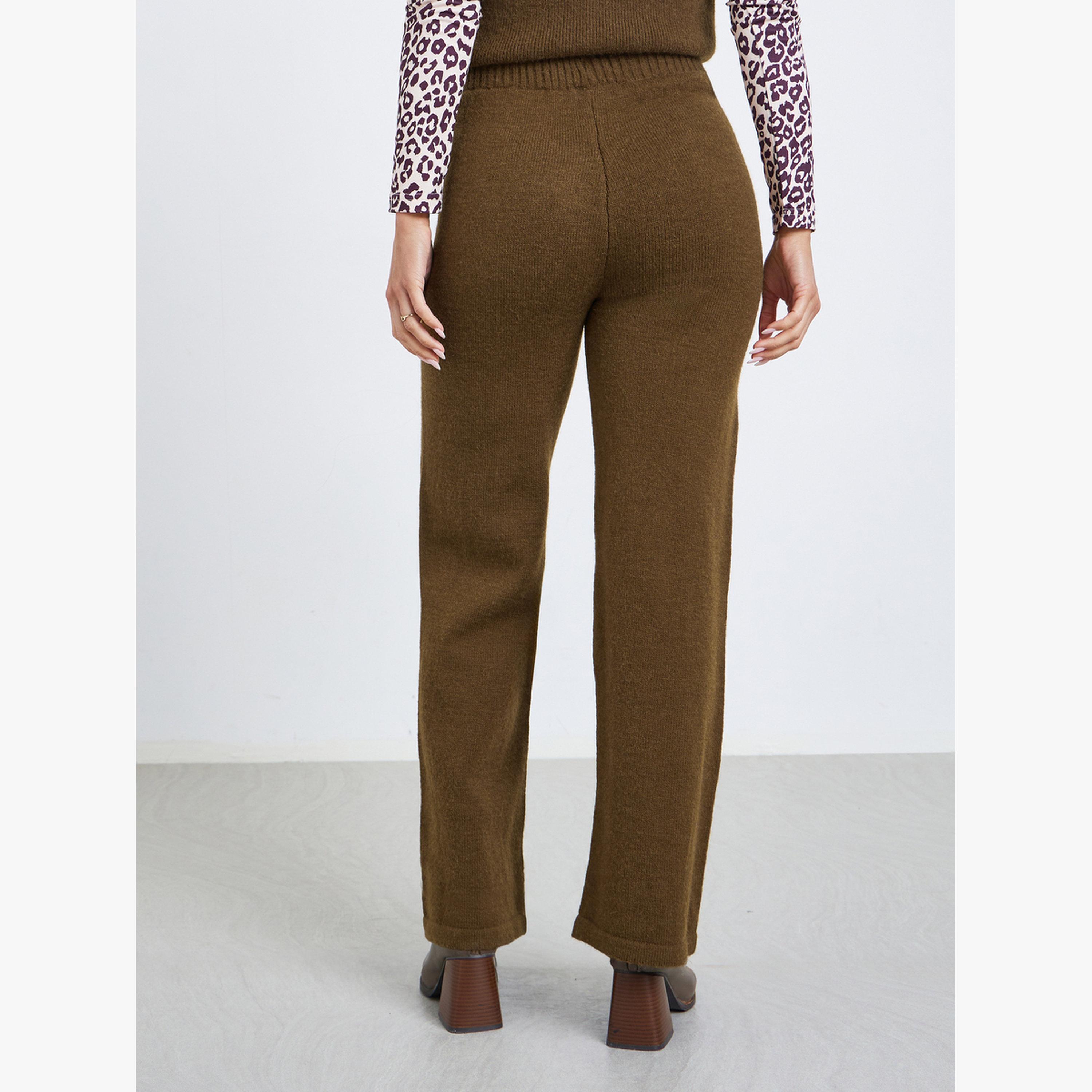 Styli Women Olive Flat Knit Wide Leg Pants-women-clothing-bottoms-trousers-image-3