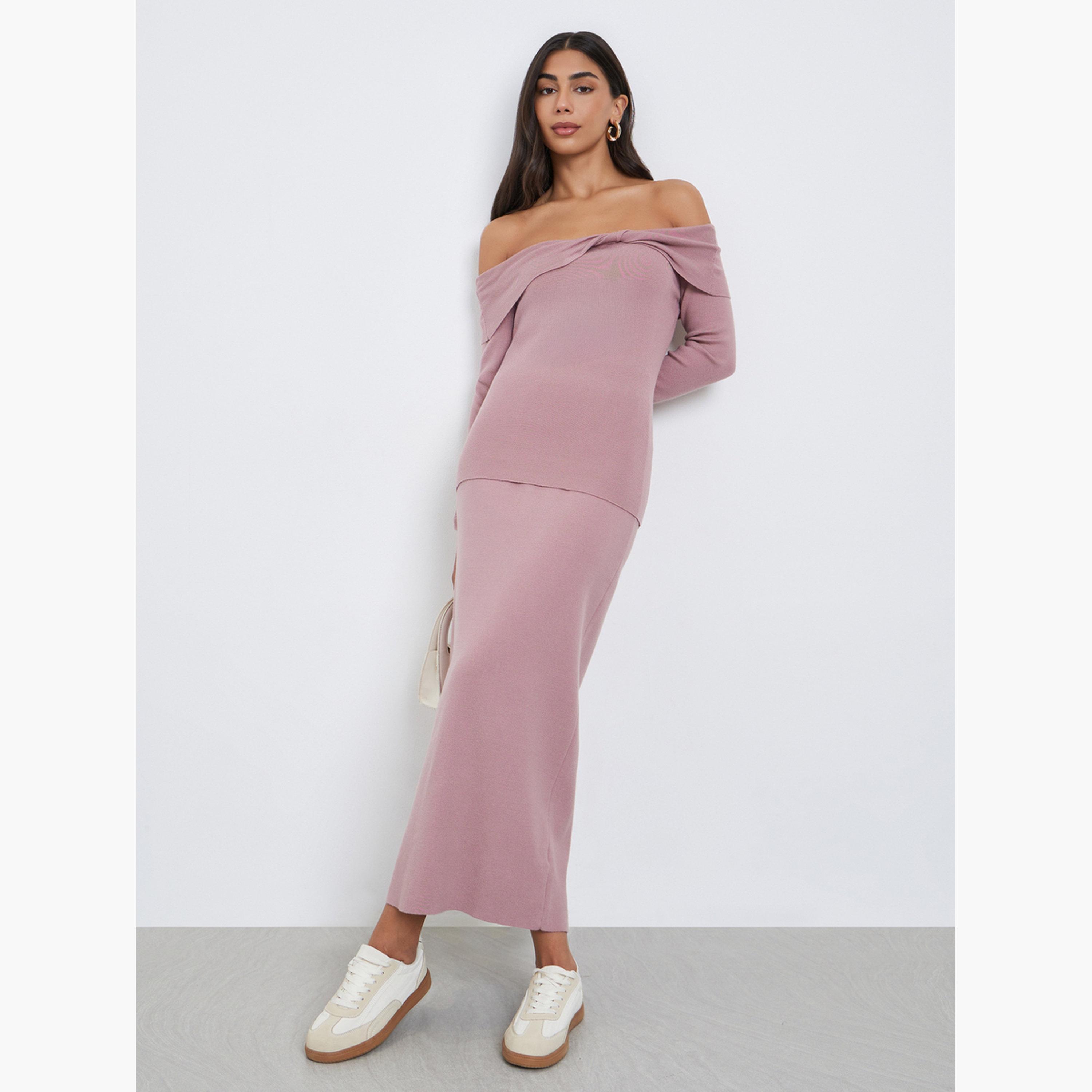 ستايلي - تنورة ماكسي وردية سادة بتصميم A-women-clothing-bottoms-skirts-image-2