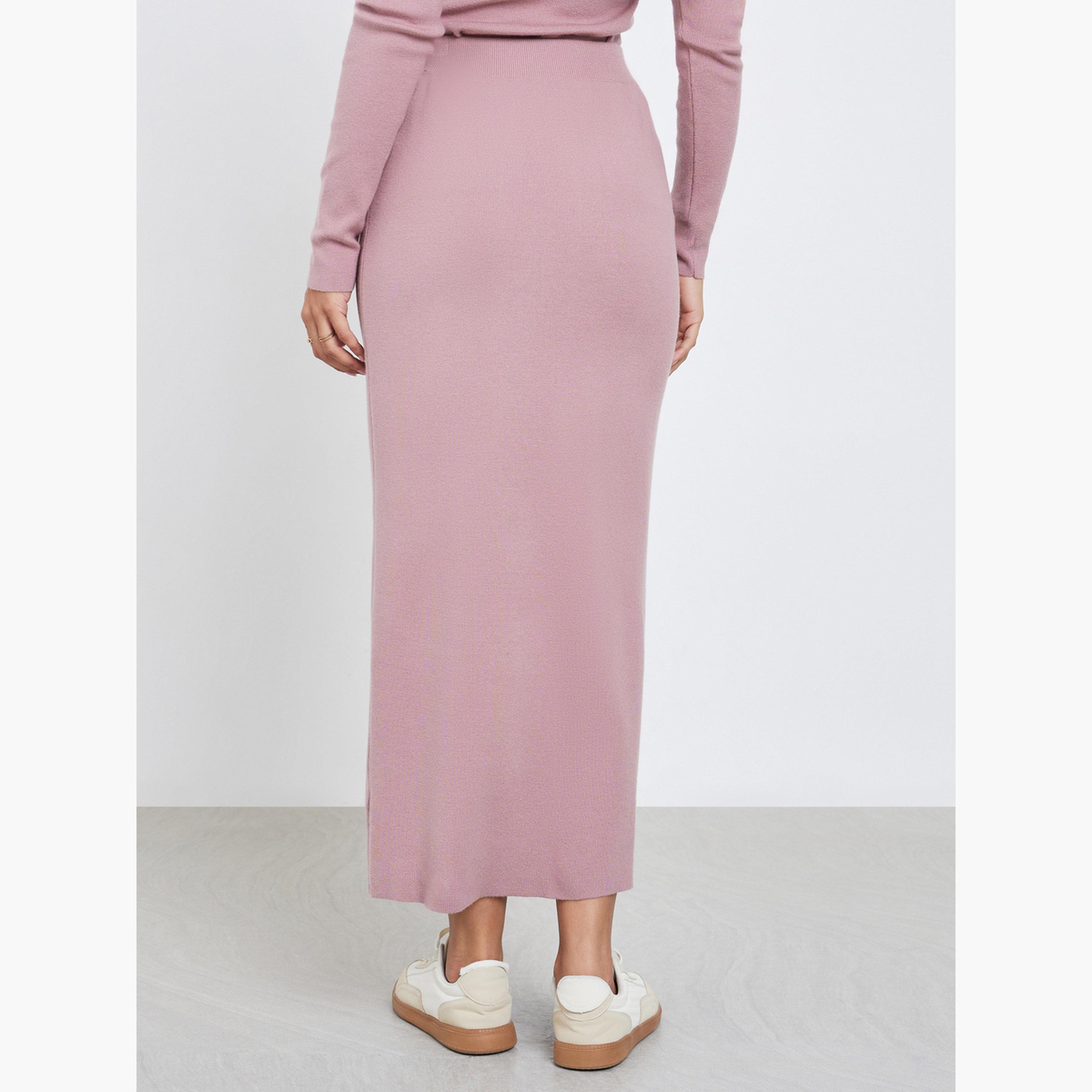Styli Pink Plain Maxi A-Line Sweater Skirt-women-clothing-bottoms-skirts-image-4