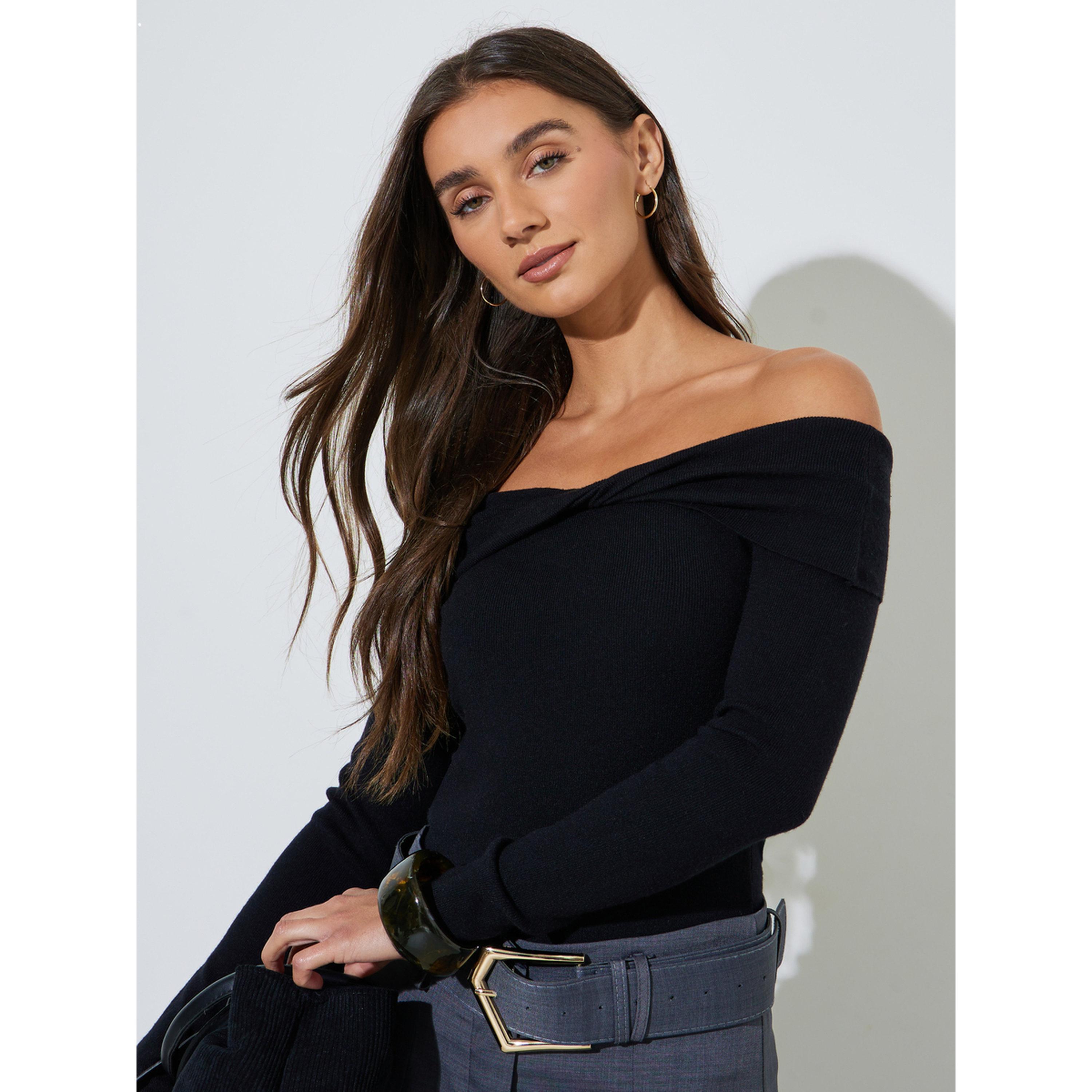 Styli Black Plain Off Shoulder Knit Top with Twist Detail-women-clothing-shirtsandblouses-blouses-image-5