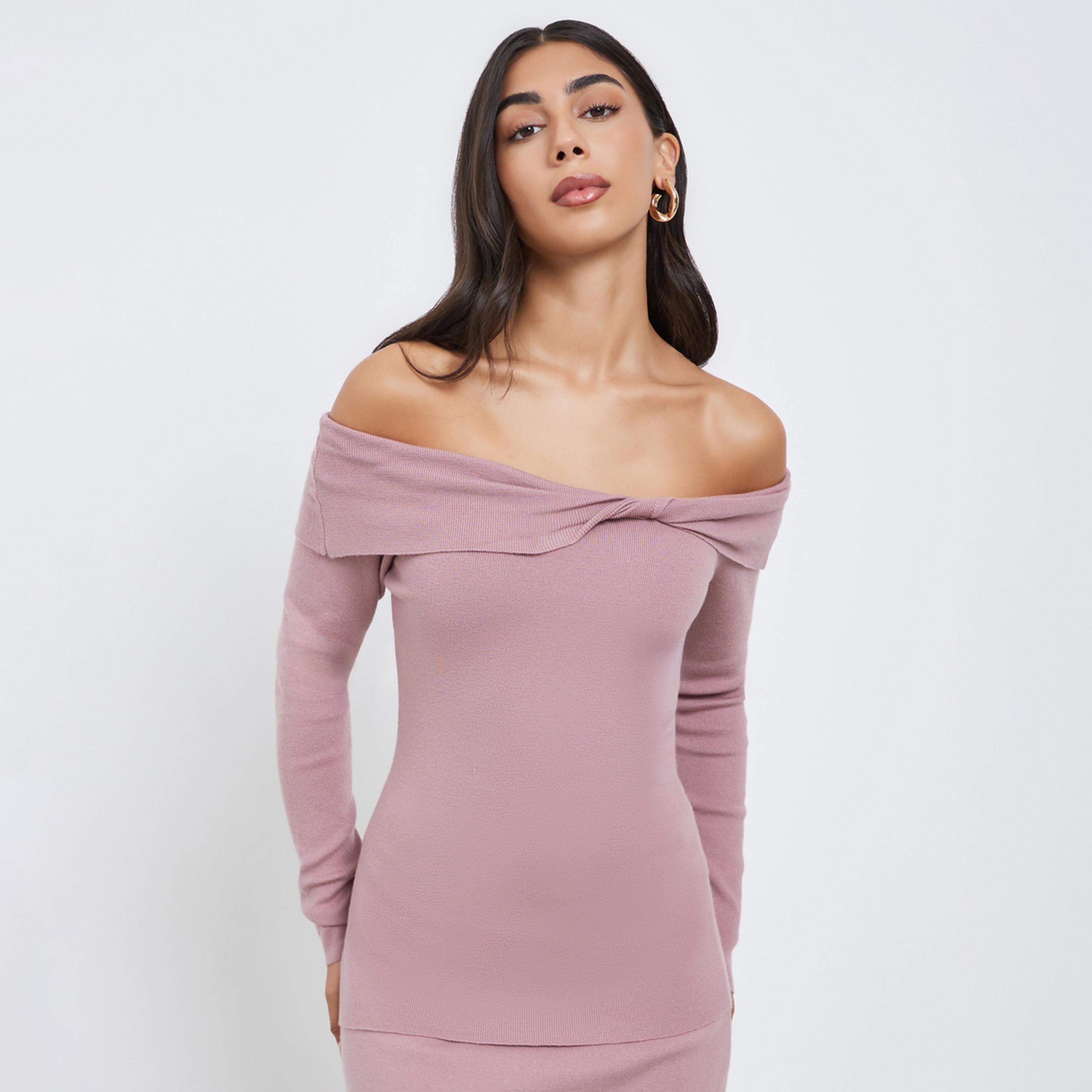 Styli Pink Plain Off Shoulder Knit Top with Twist Detail-women-clothing-tshirts-image-1
