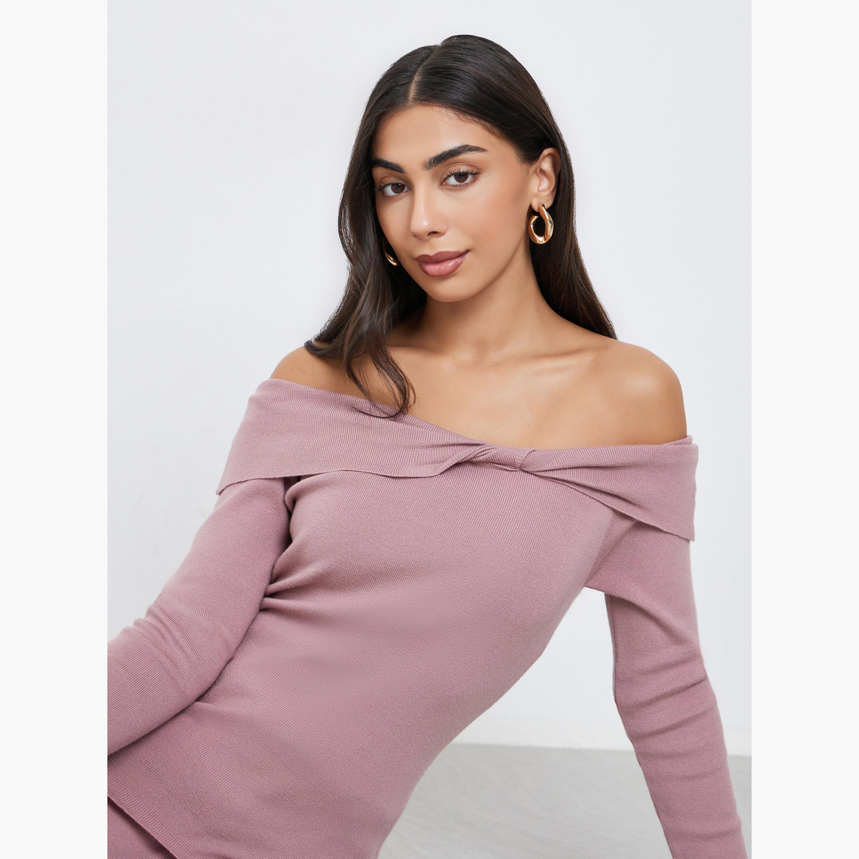 Styli Pink Plain Off Shoulder Knit Top with Twist Detail-women-clothing-tshirts-image-3