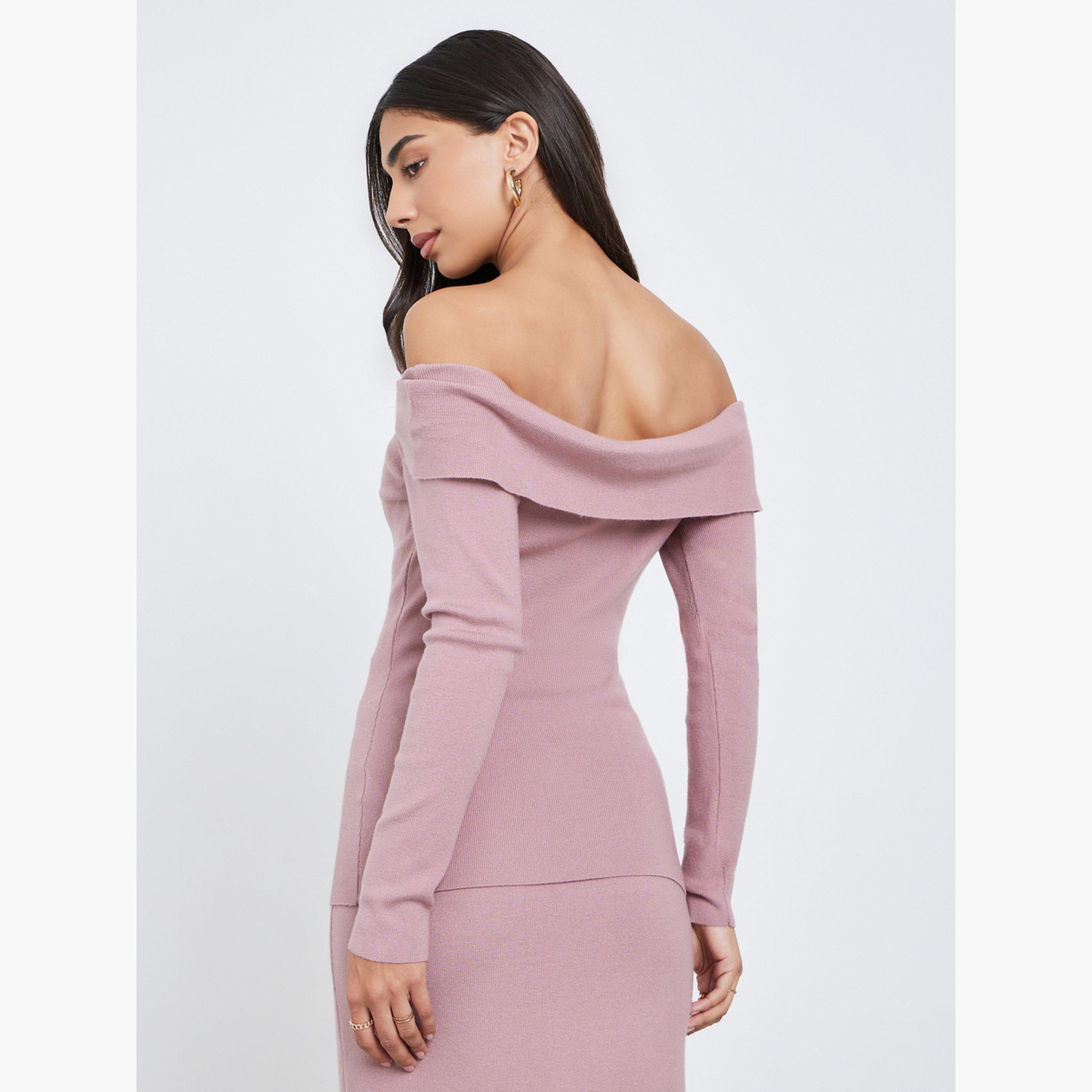 ستايلي - بلوزة وردية سادة محبوكة بدون أكتاف مع تفاصيل ملتوية-women-clothing-tshirts-image-4