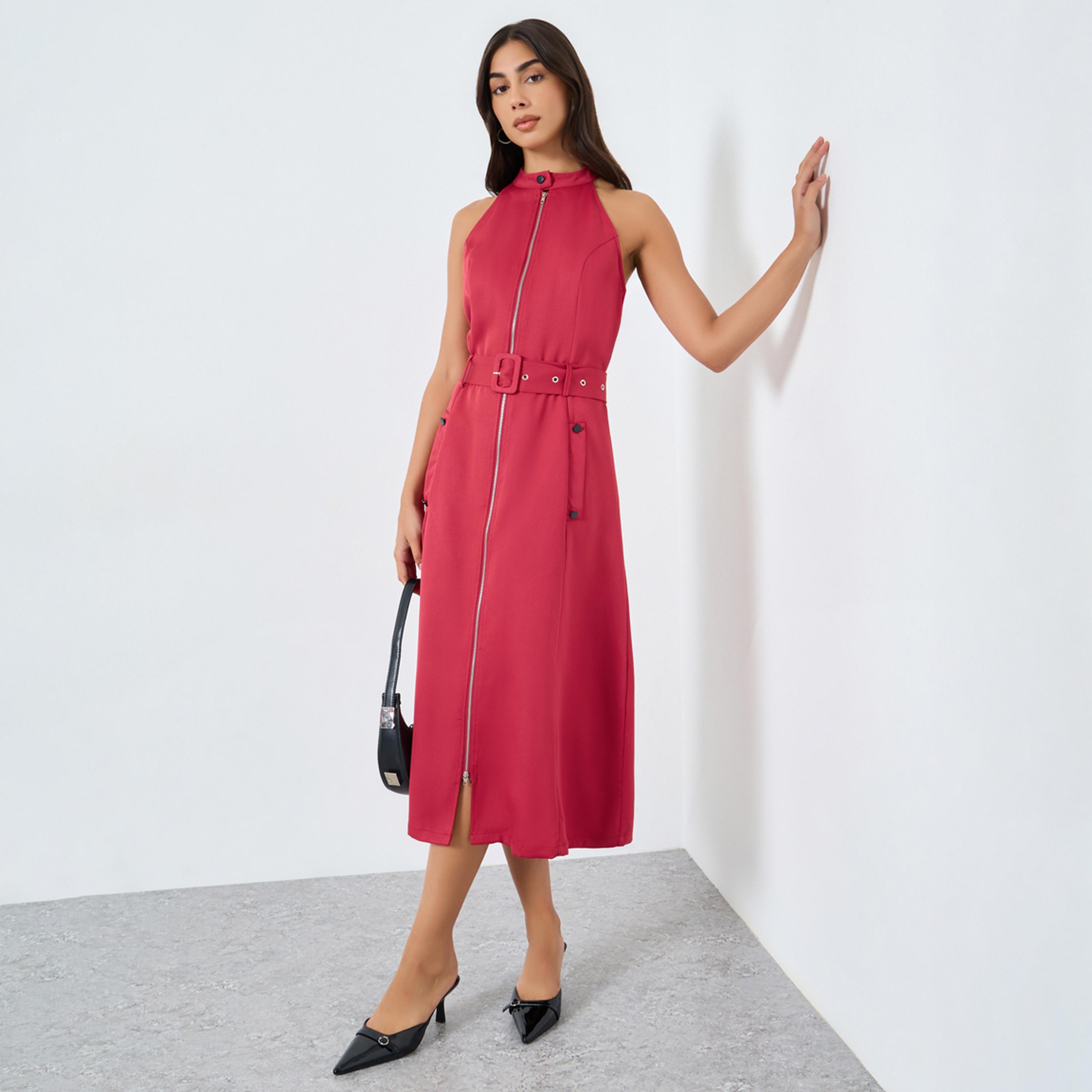 ستايلي - فستان ميدي أحمر بحزام وتفاصيل سحاب-women-clothing-dresses-image-1