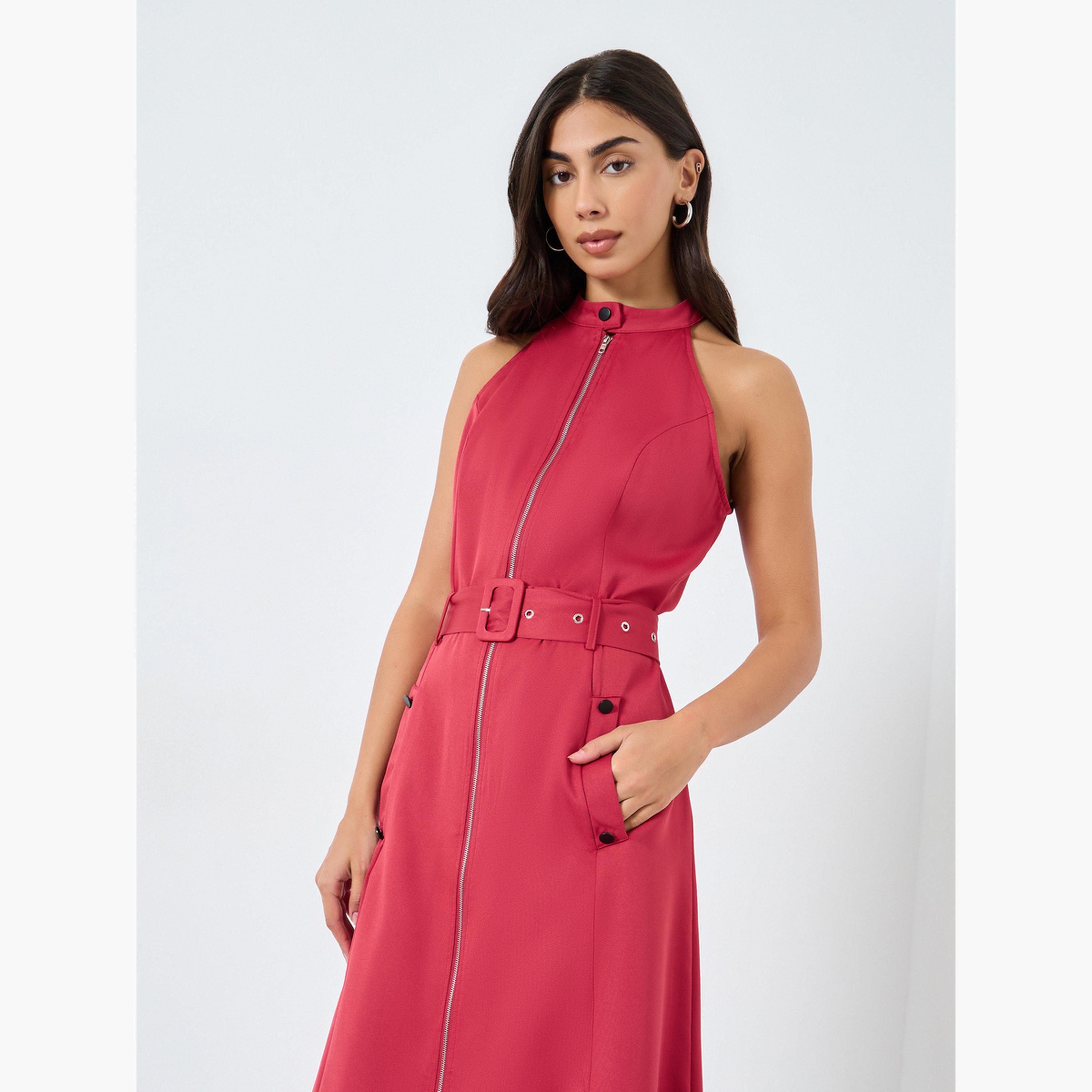 ستايلي - فستان ميدي أحمر بحزام وتفاصيل سحاب-women-clothing-dresses-image-2