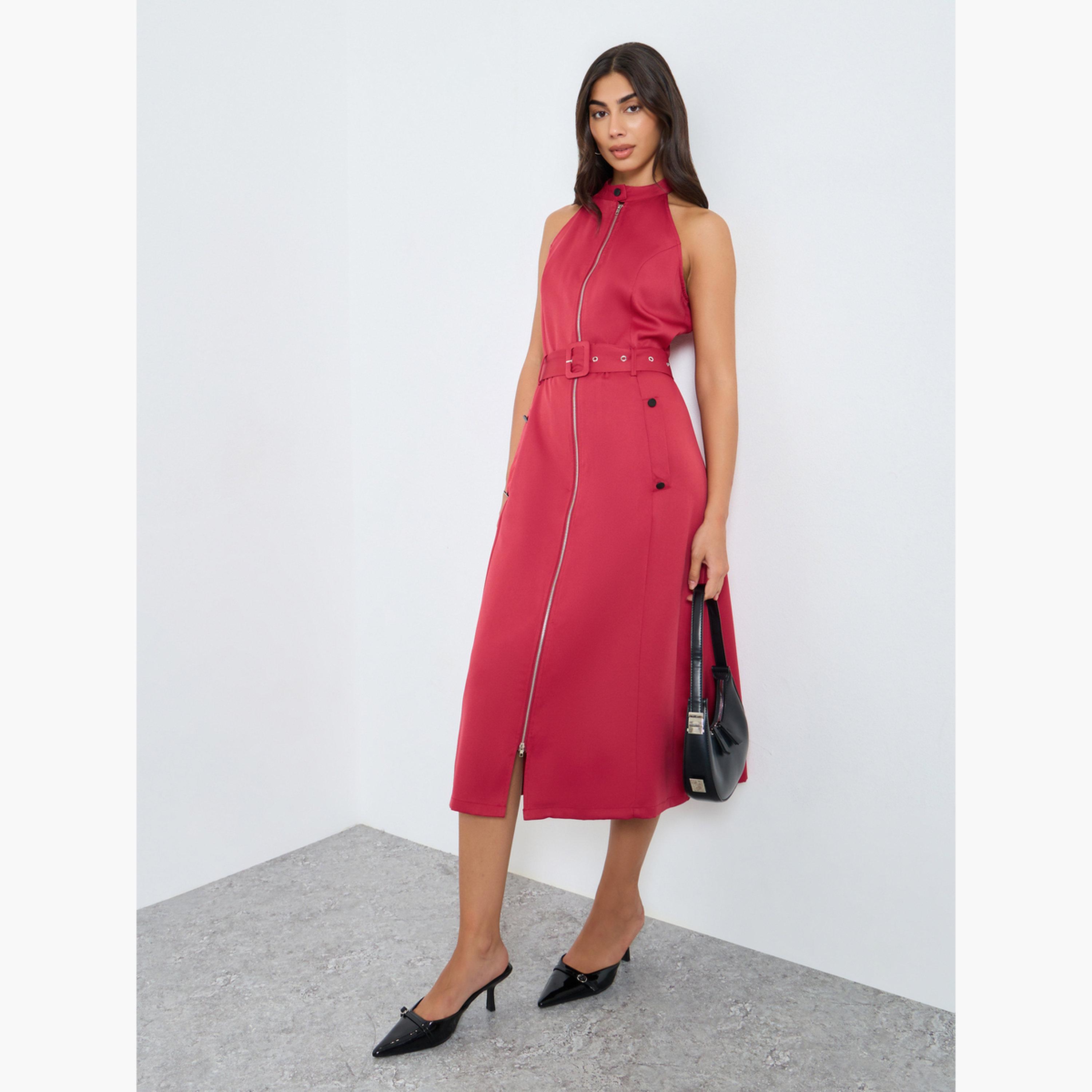 ستايلي - فستان ميدي أحمر بحزام وتفاصيل سحاب-women-clothing-dresses-image-3
