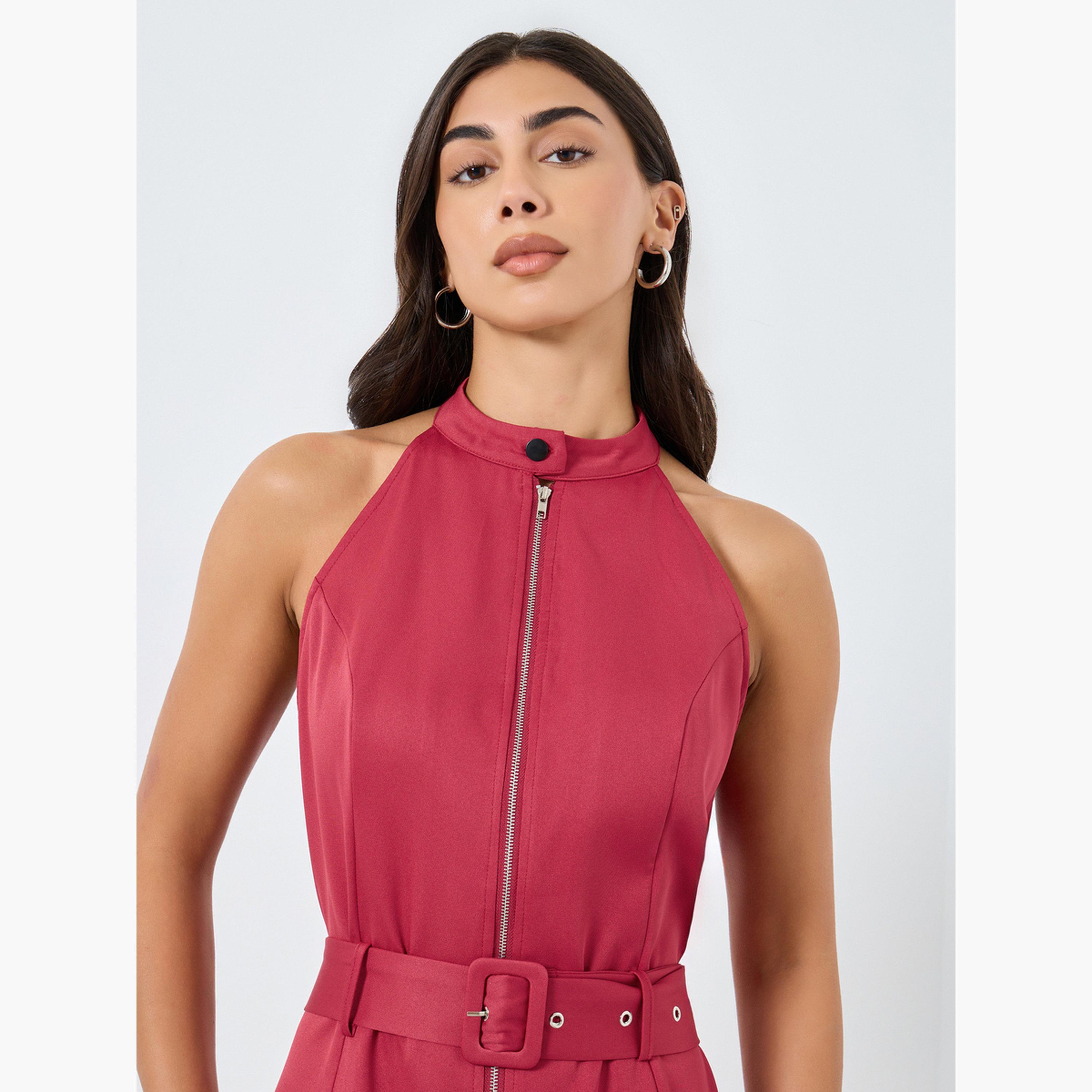 ستايلي - فستان ميدي أحمر بحزام وتفاصيل سحاب-women-clothing-dresses-image-4