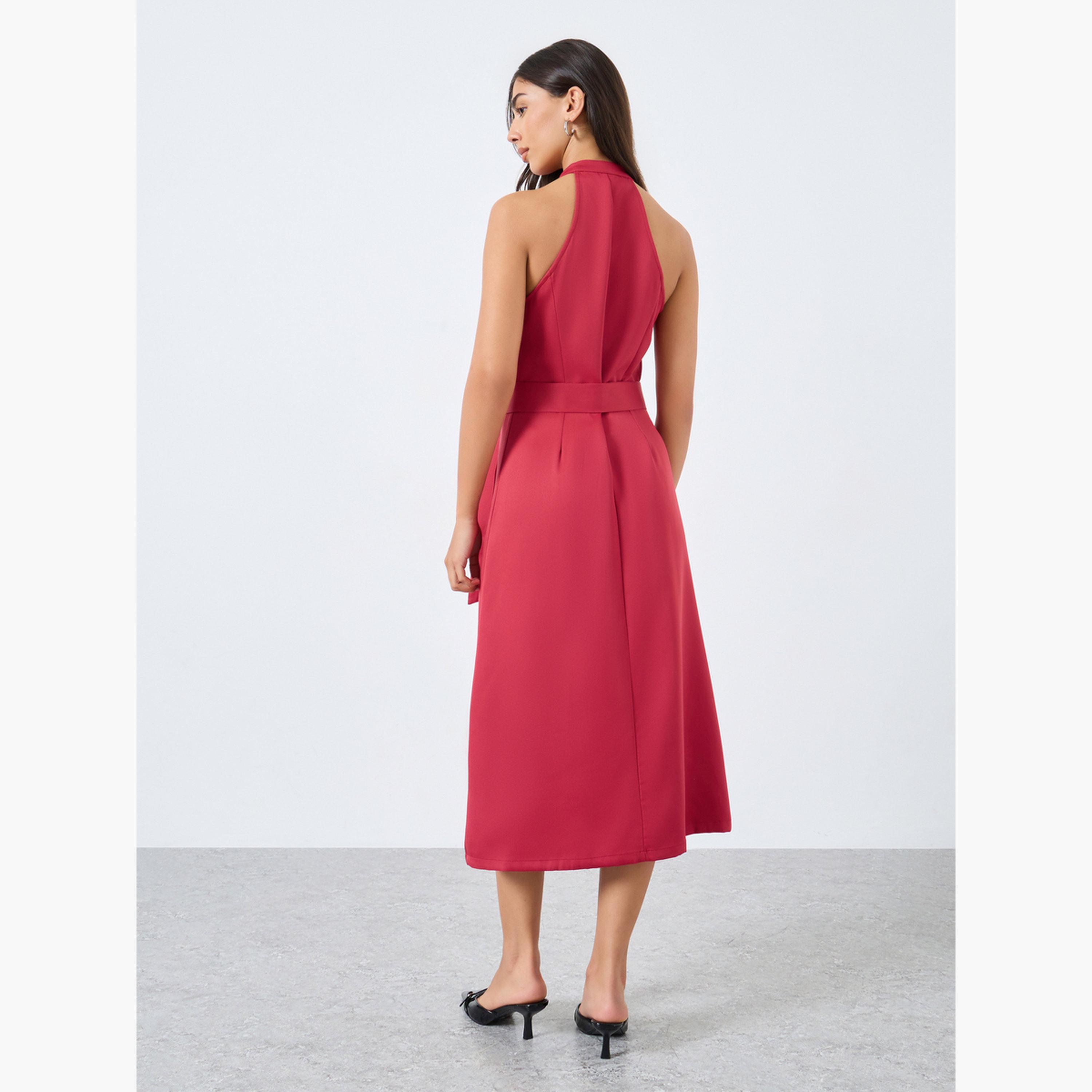 ستايلي - فستان ميدي أحمر بحزام وتفاصيل سحاب-women-clothing-dresses-image-5