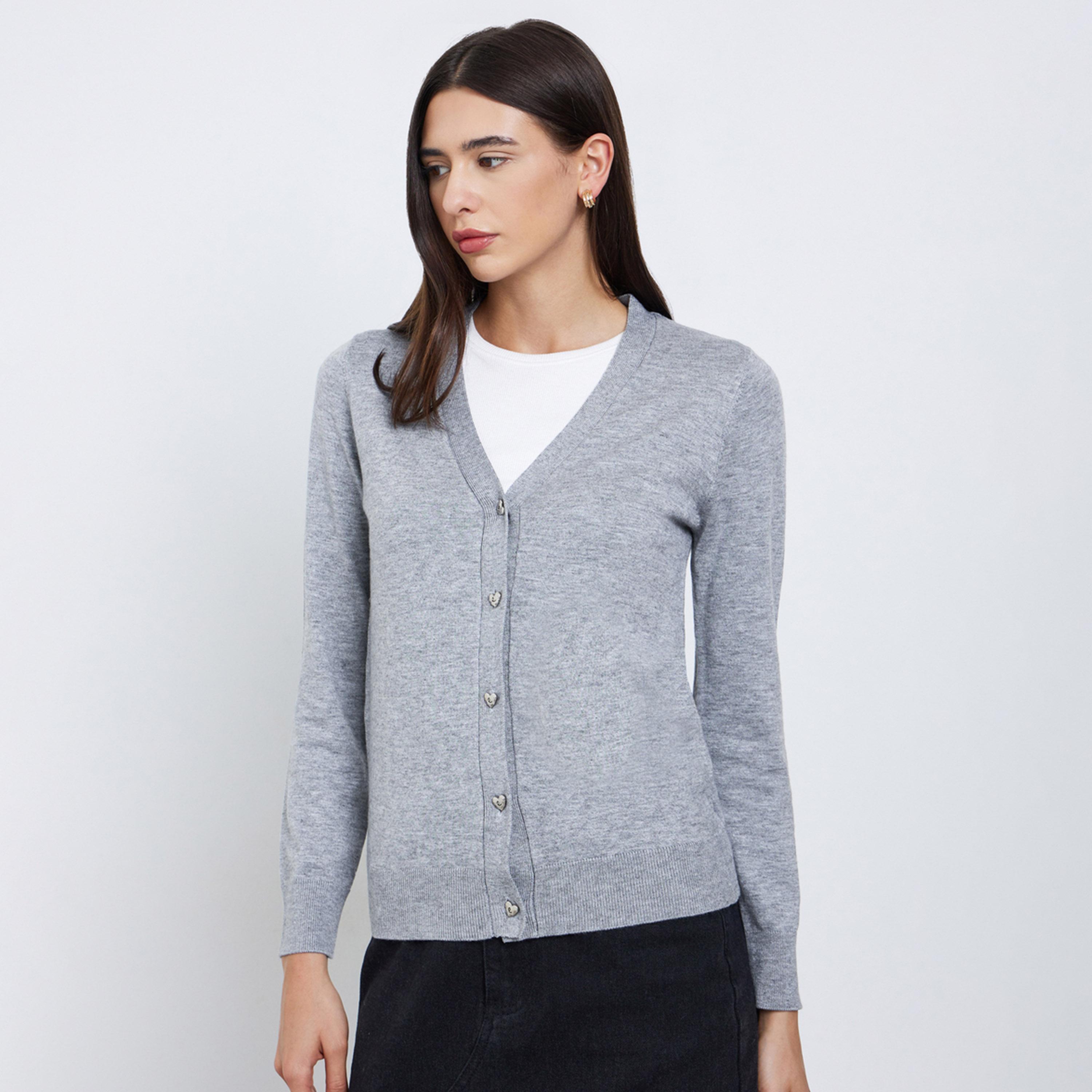 Styli Women Grey Regular Fit Cardigan with Heart Print-women-clothing-cardigansandjumpers-cardigans-image-1