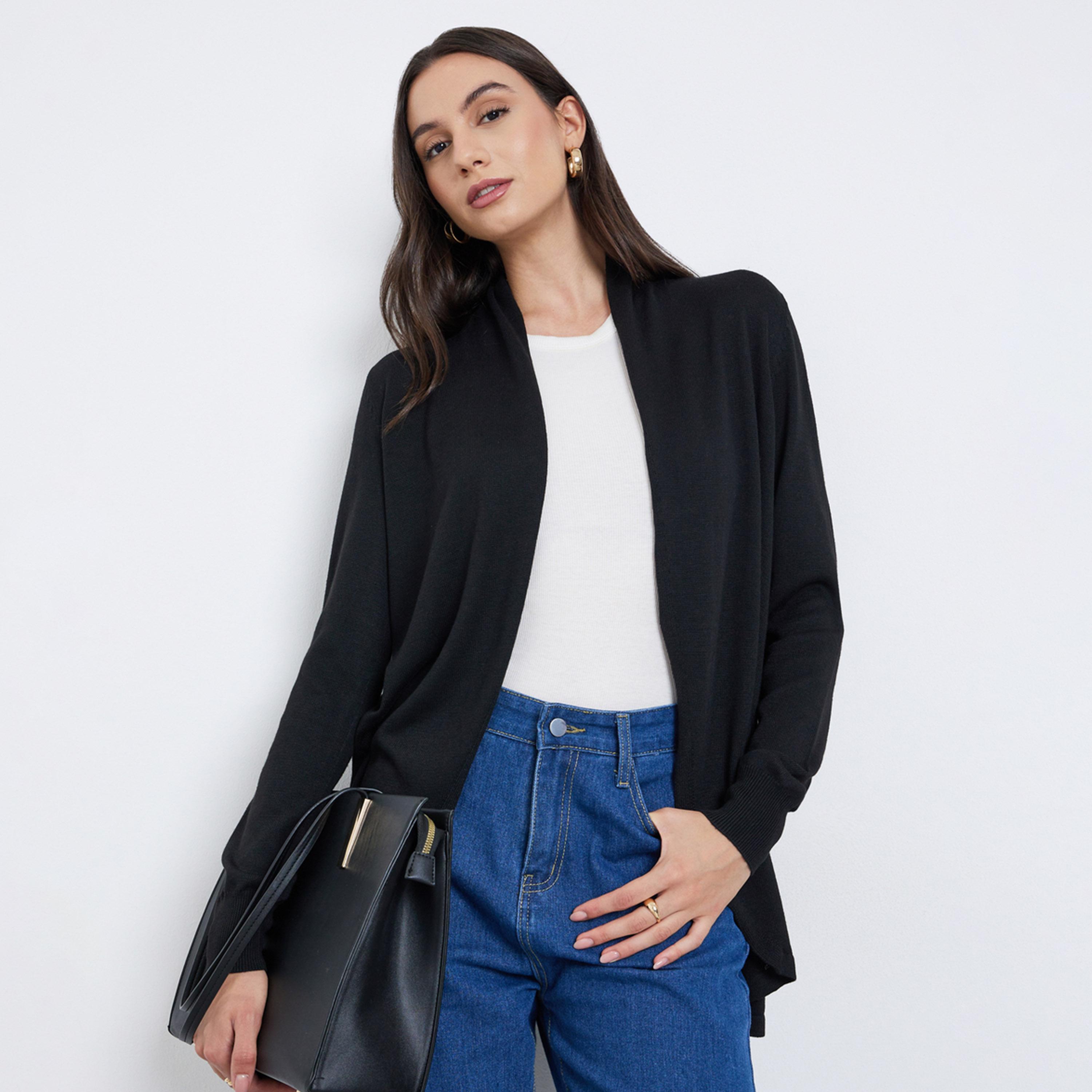 Styli Women Black Solid Loose Fit Open Front Cardigan-women-clothing-cardigansandjumpers-cardigans-image-1