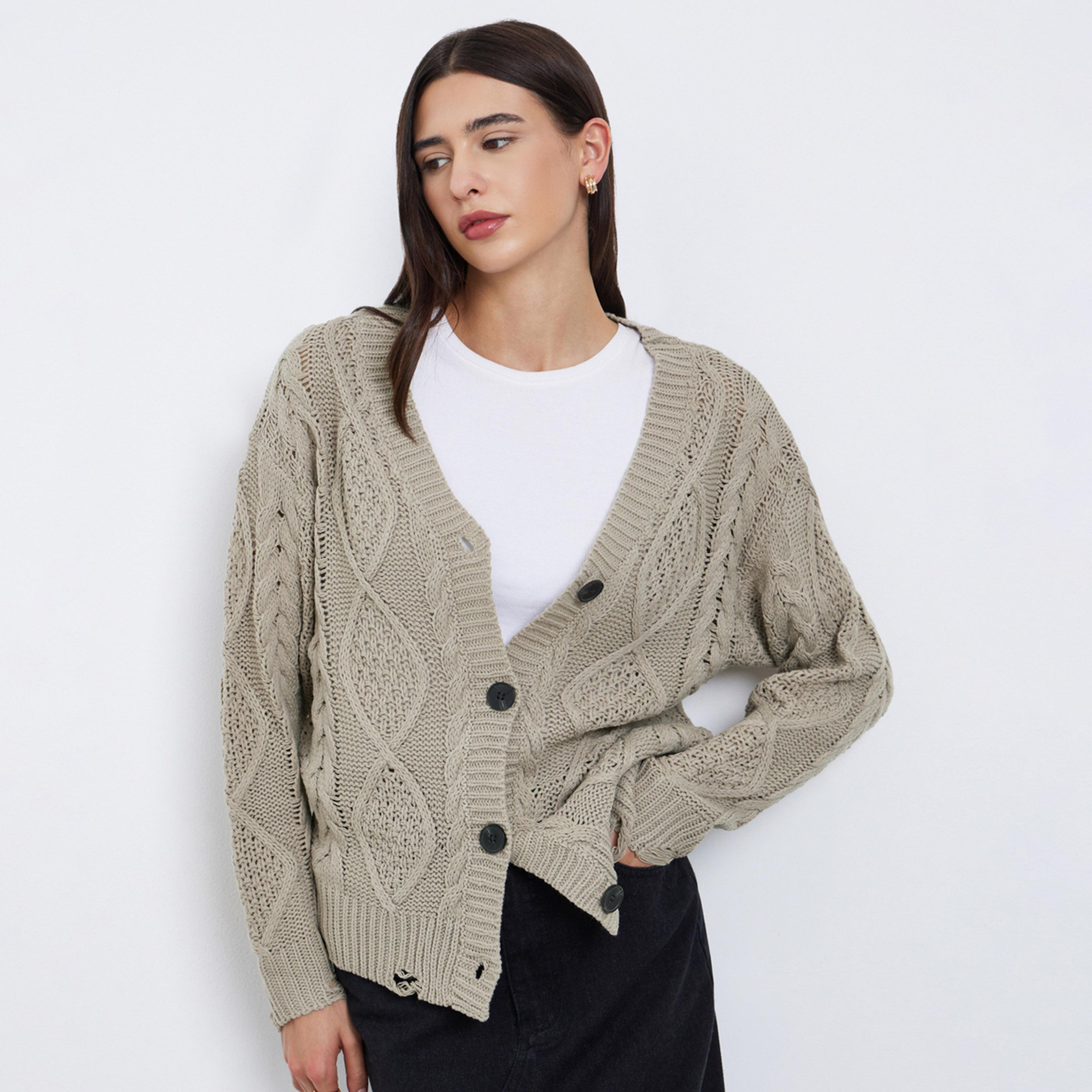 ستايلي - كارديغان بيج محبوك بتفاصيل ممزقة-women-clothing-cardigansandjumpers-cardigans-image-1