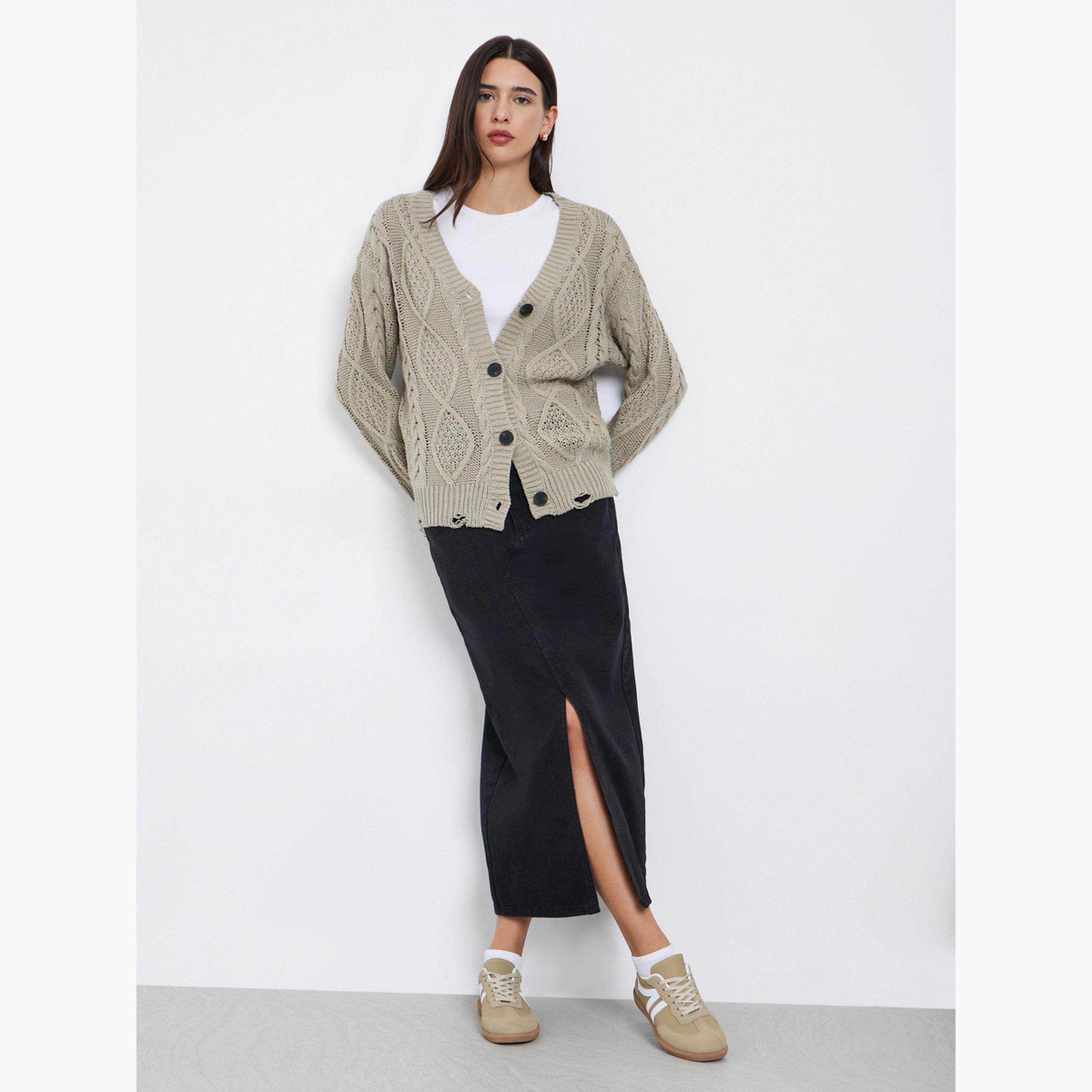 ستايلي - كارديغان بيج محبوك بتفاصيل ممزقة-women-clothing-cardigansandjumpers-cardigans-image-2