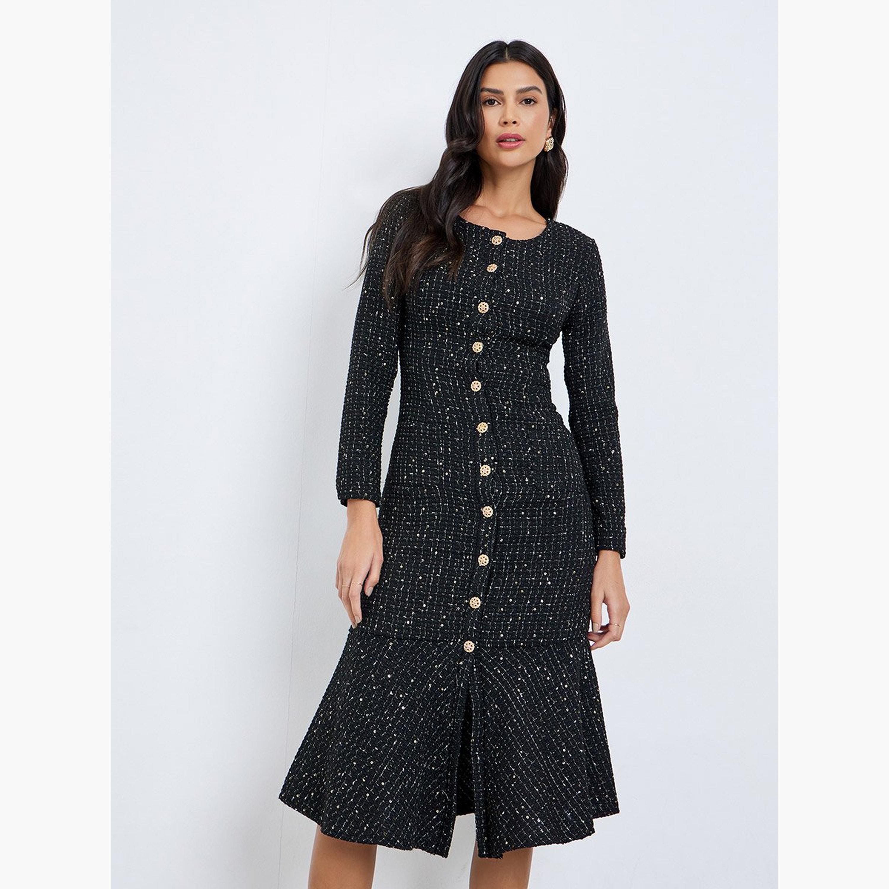 Styli Black Tweed Look Buttoned Midi Dress-women-clothing-dresses-image-2
