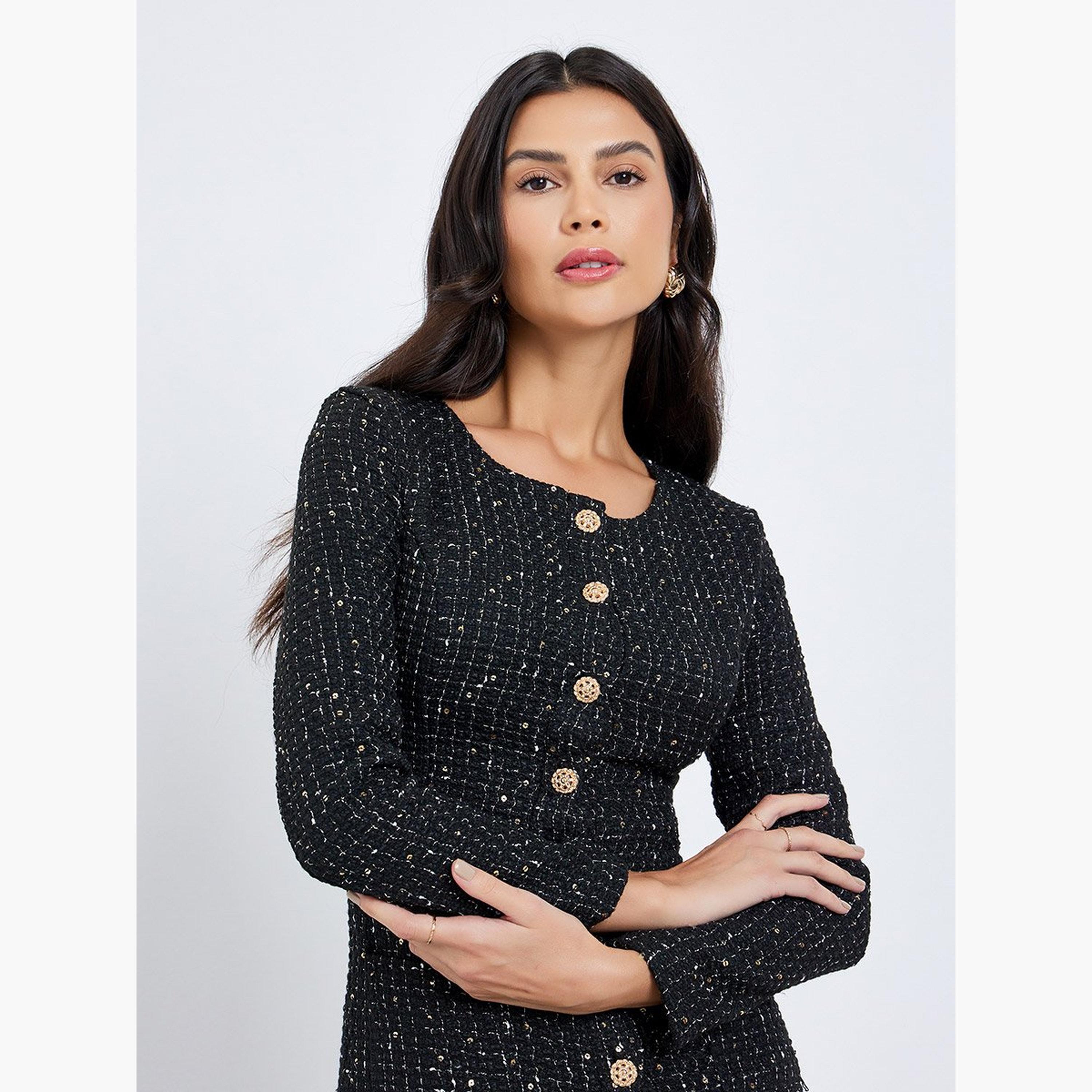 Styli Black Tweed Look Buttoned Midi Dress-women-clothing-dresses-image-3
