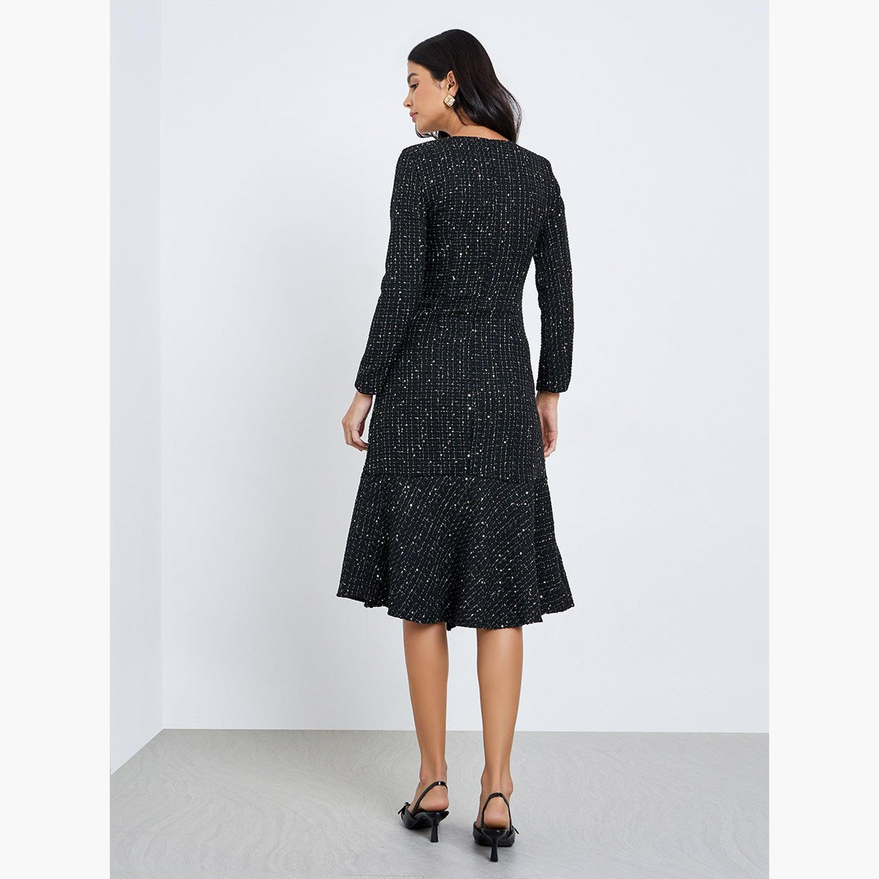 Styli Black Tweed Look Buttoned Midi Dress-women-clothing-dresses-image-4