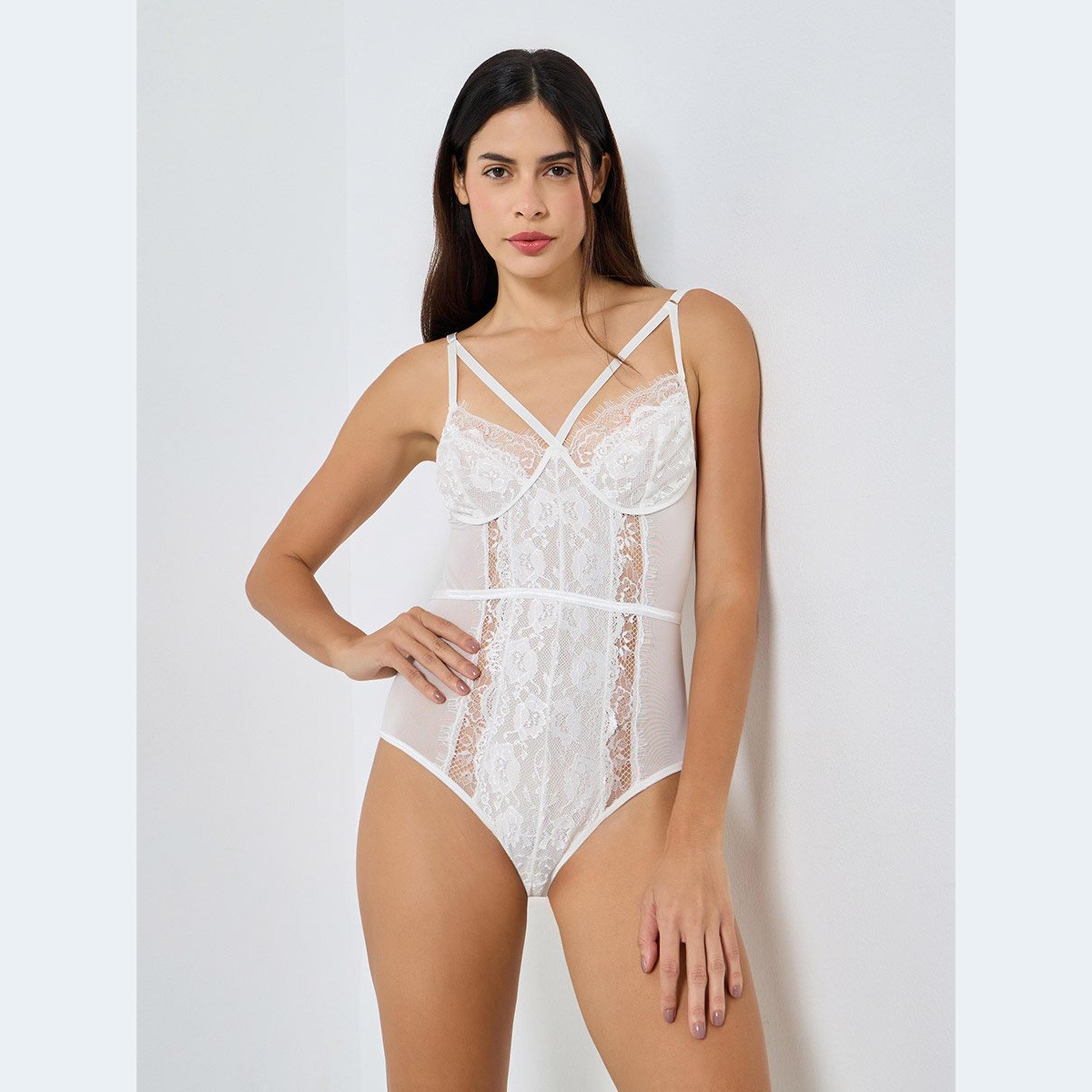 Styli Apex Strap Lace Mesh Panel Bodysuit-women-clothing-lingerie-babydollsandbodysuits-image-1
