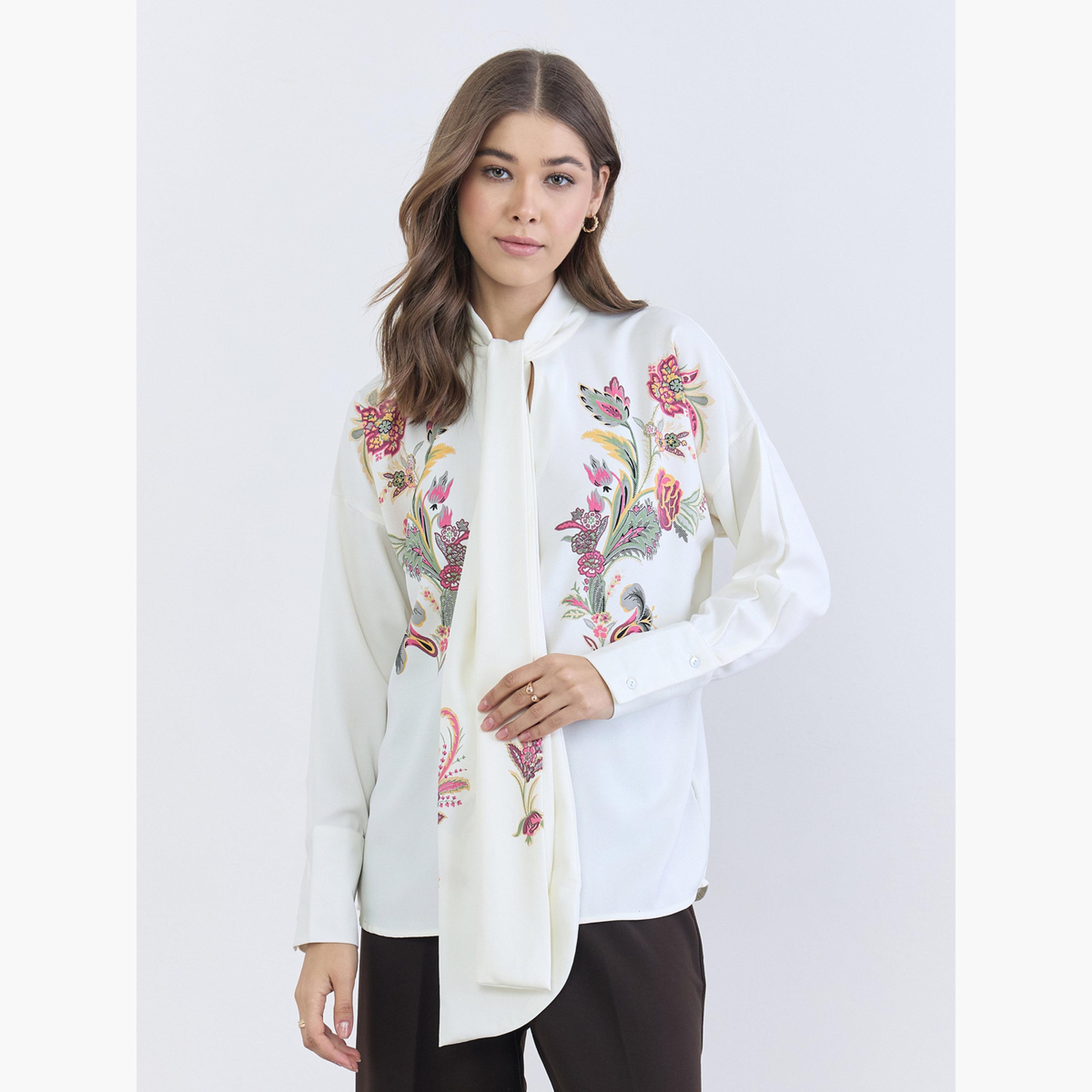 بلوزة بقصة واسعة برباط عنق وطبعة زهور-women-clothing-shirtsandblouses-blouses-image-1